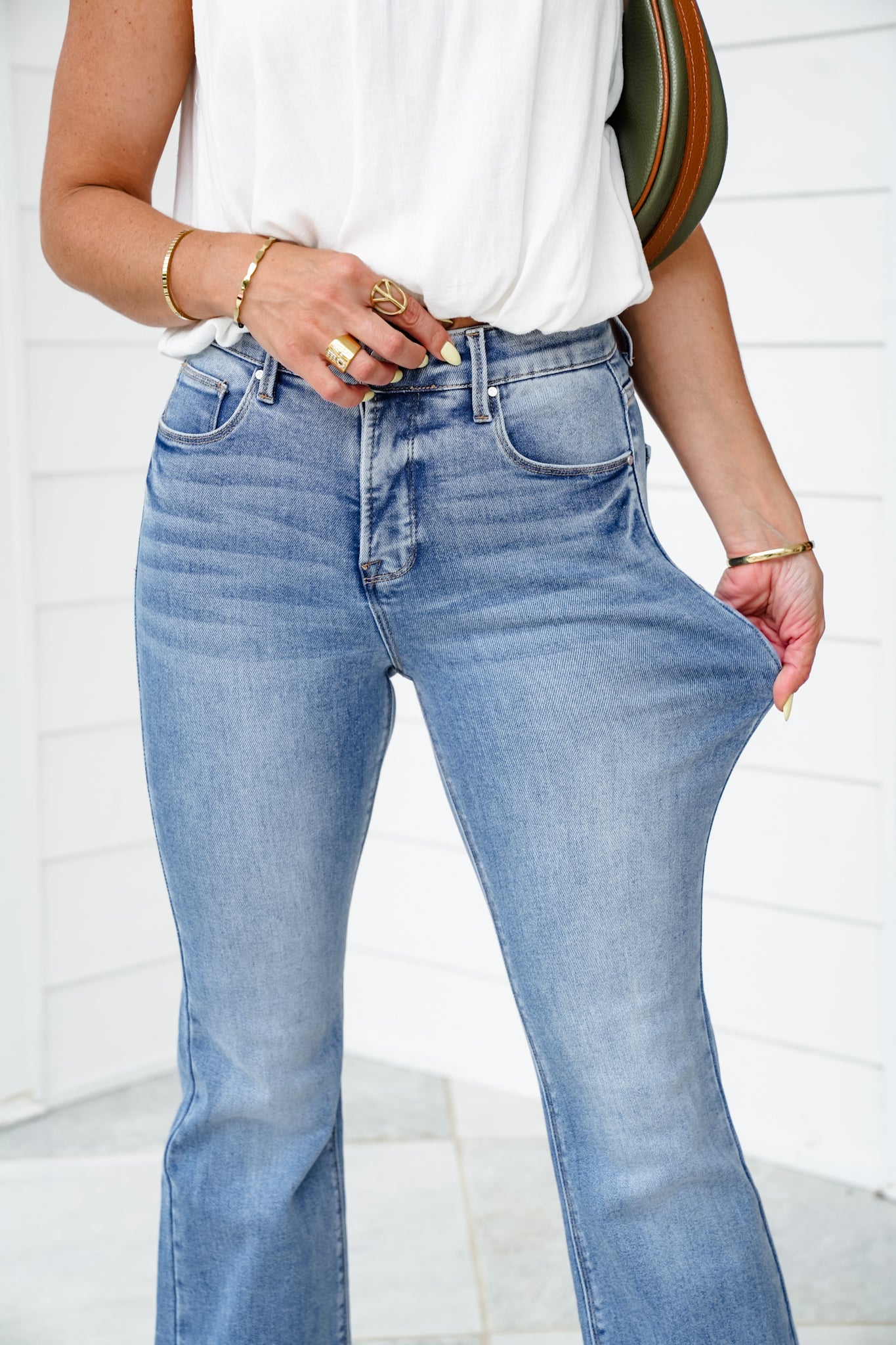 Risen High Rise Medium Wash Tummy Control Elastic Waistband Flare Jeans