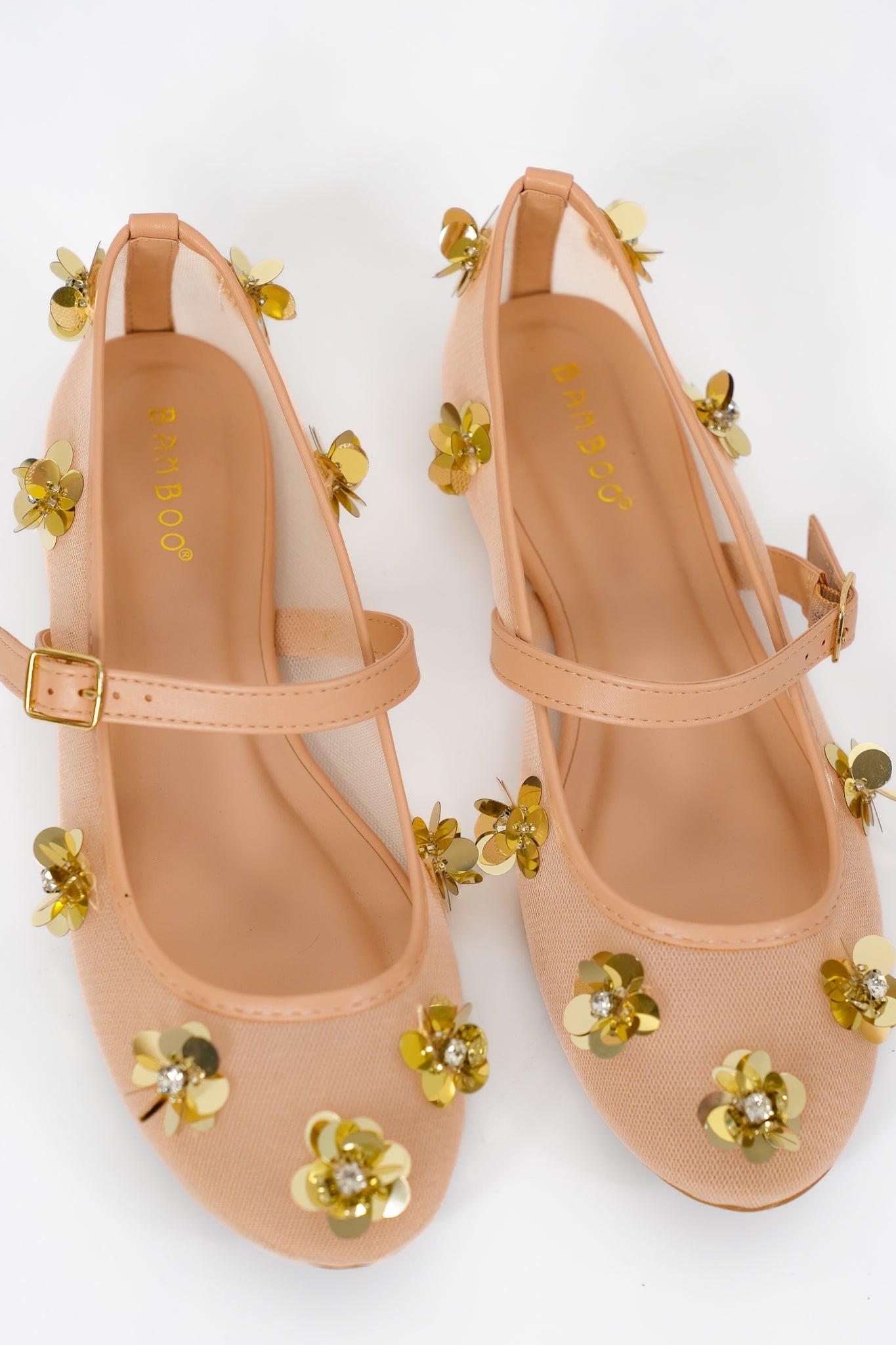 Elegant Mesh Mary Jane Flats with Gold Floral Embellishments