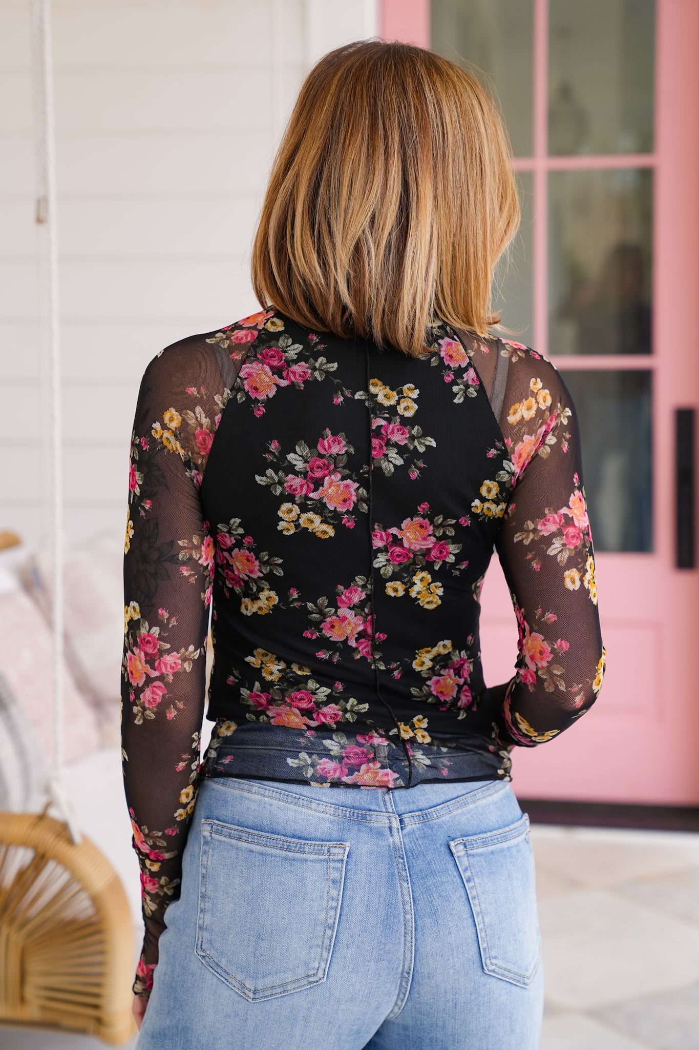 Plus/Reg Floral Long Sleeve Mock Neck Mesh Top