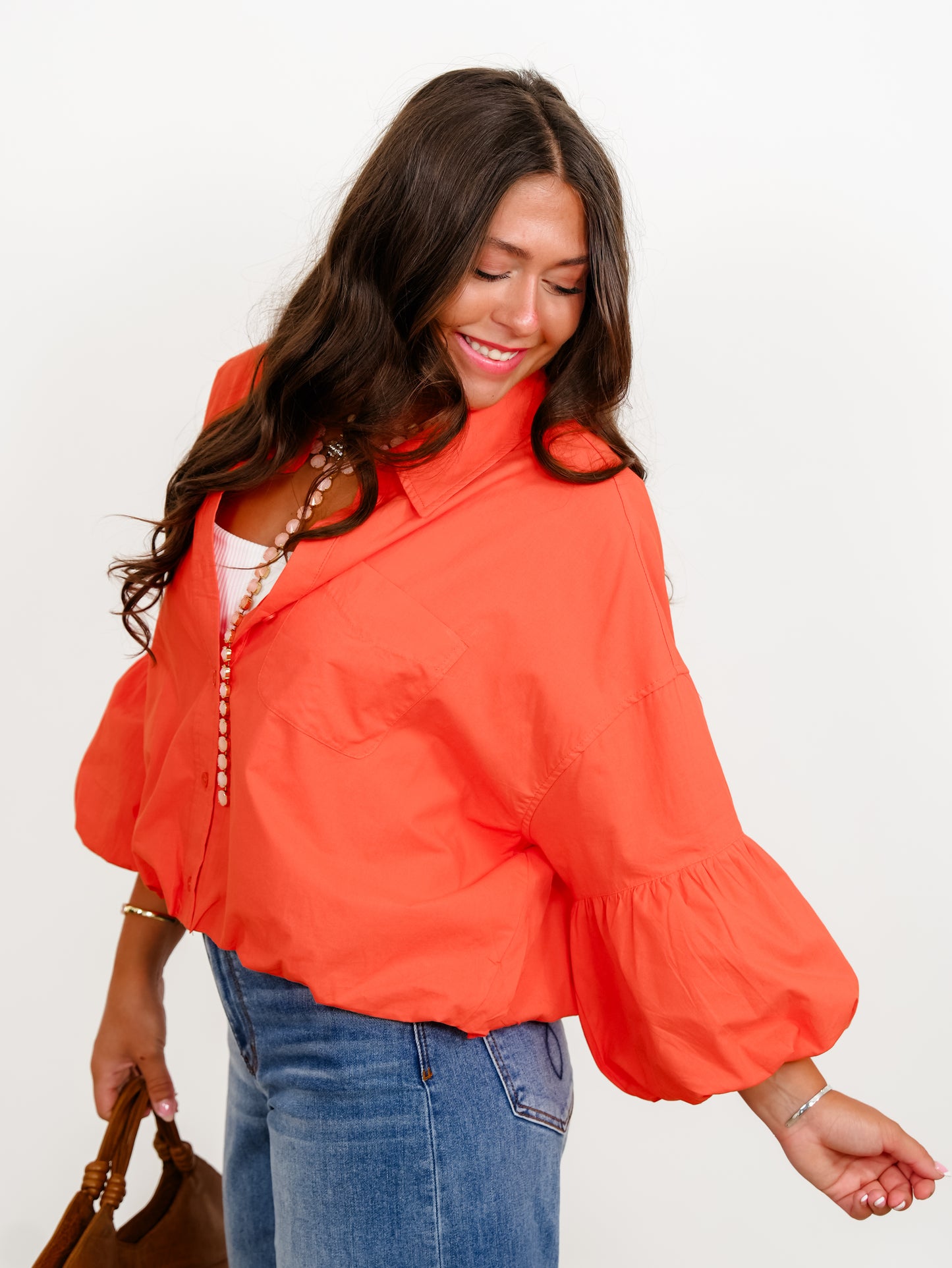 Solid Knit Collared Button Down Long Bubble Sleeve Top