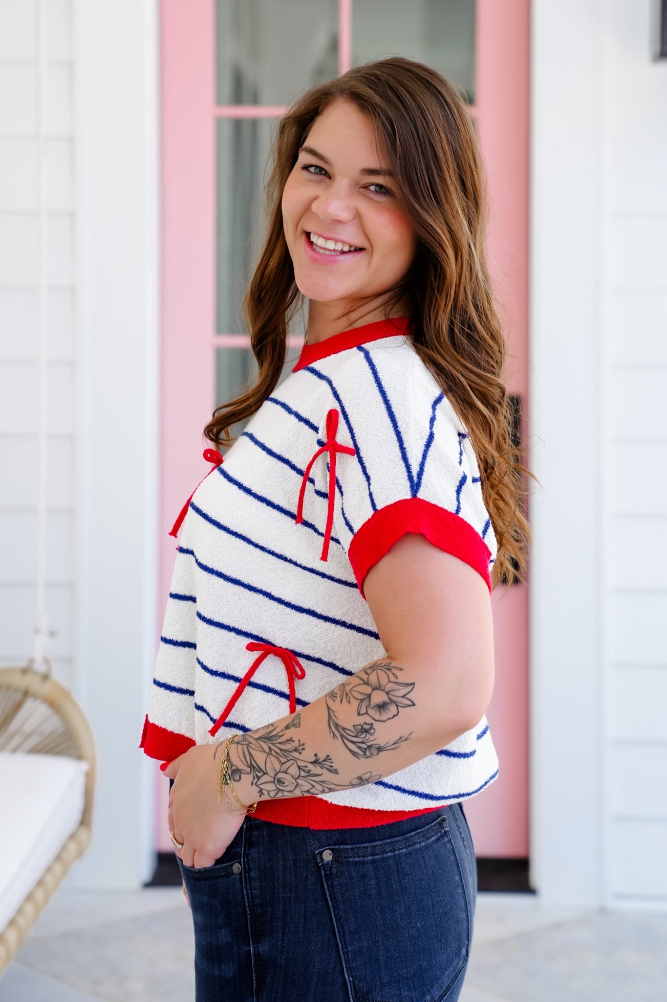 Stripe Short Sleeve Sweater with Bow Detail
