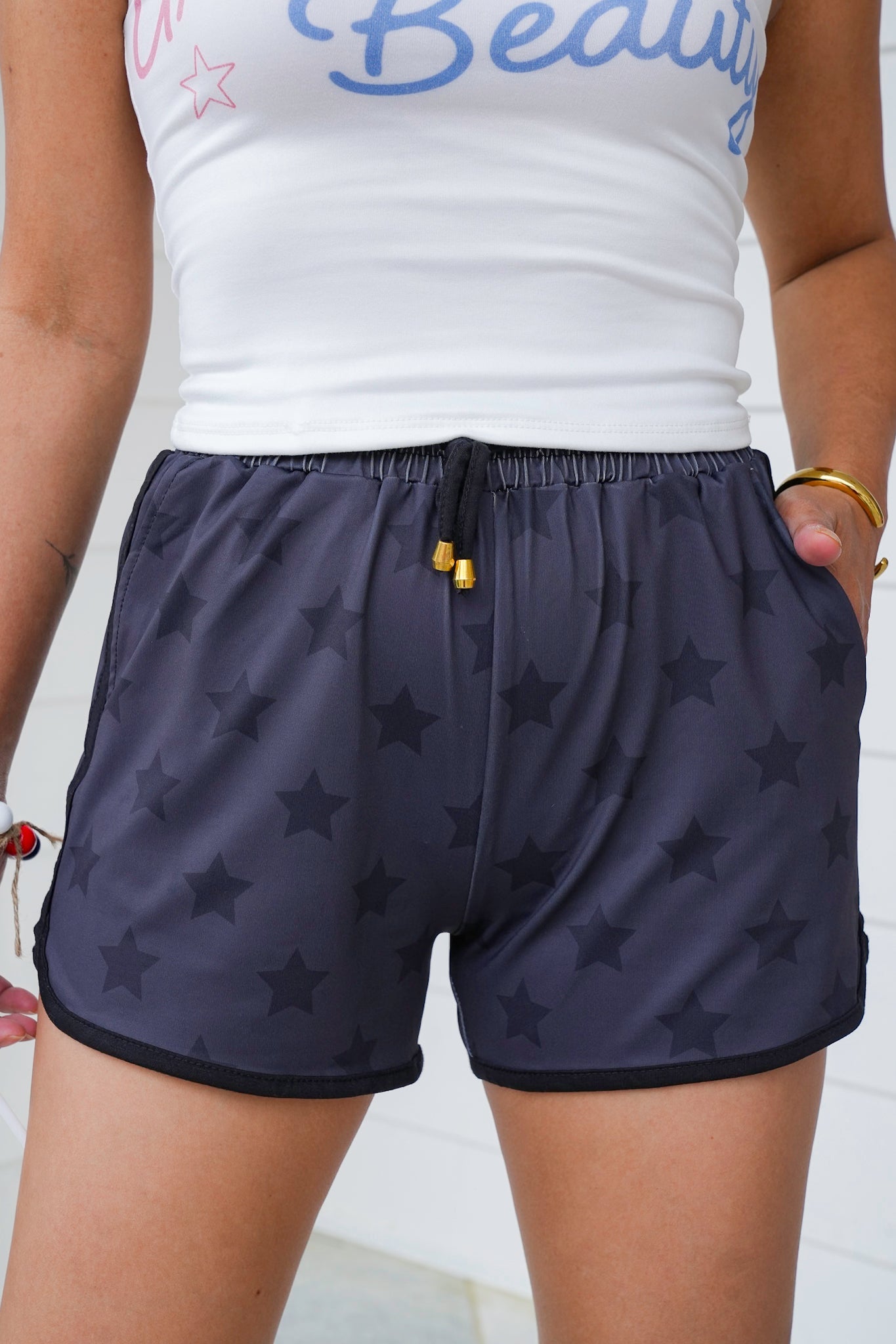 Plus/Reg Black Star Print Elastic Waist Shorts