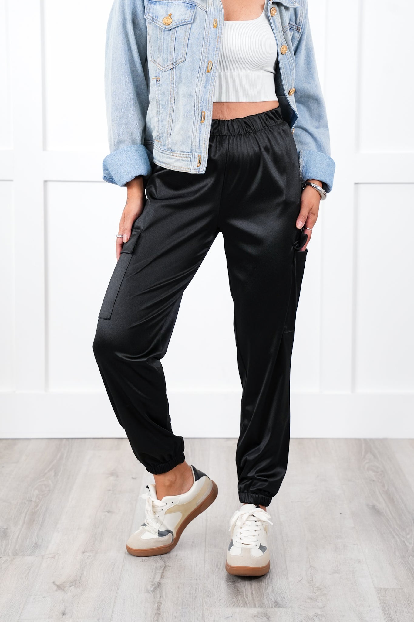 Plus/Reg Black Satin Elastic Waist Cargo Jogger Pants