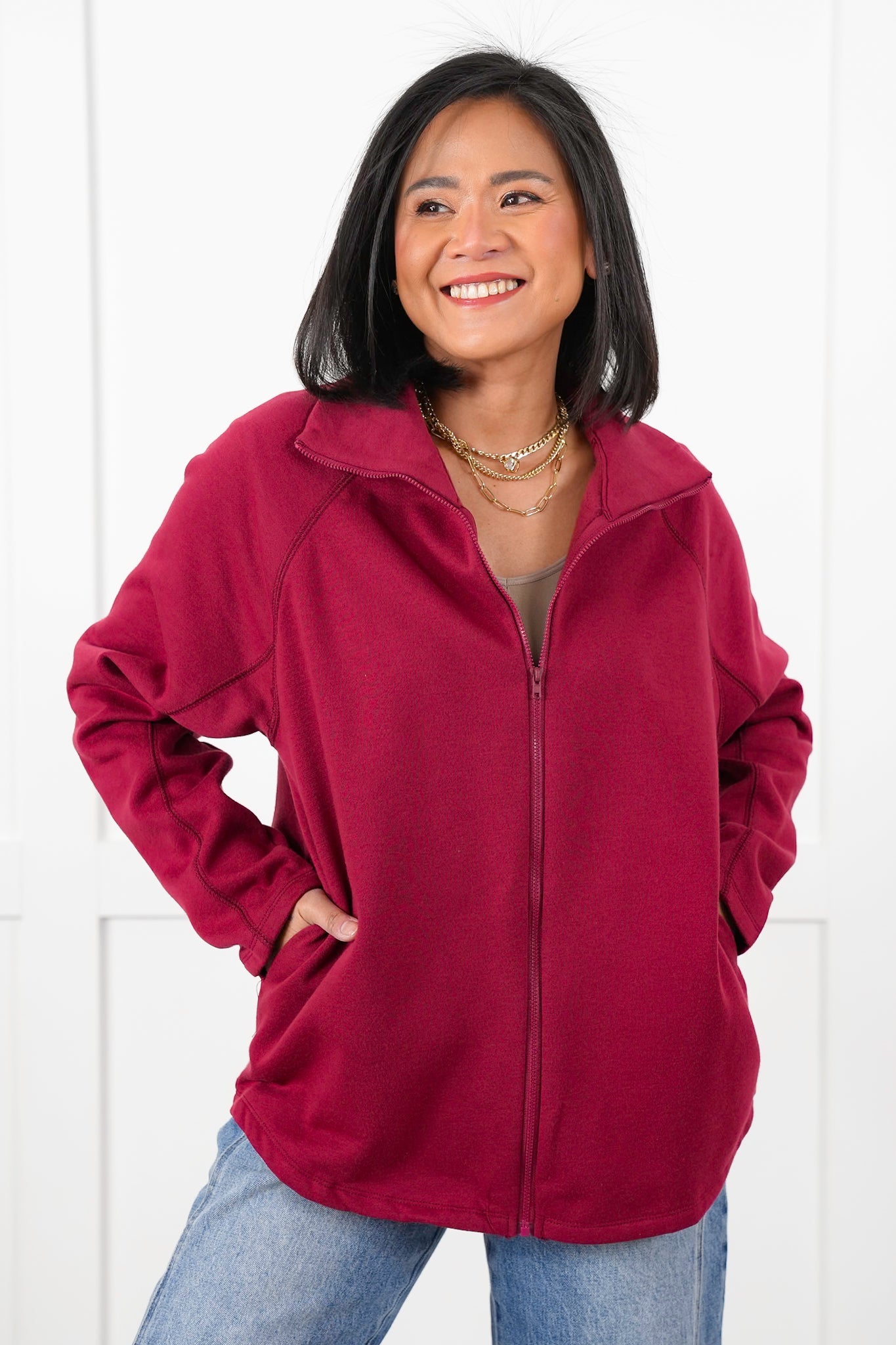 Burgundy Long Sleeve Mock Neck Zip Up Top with Side Pockets