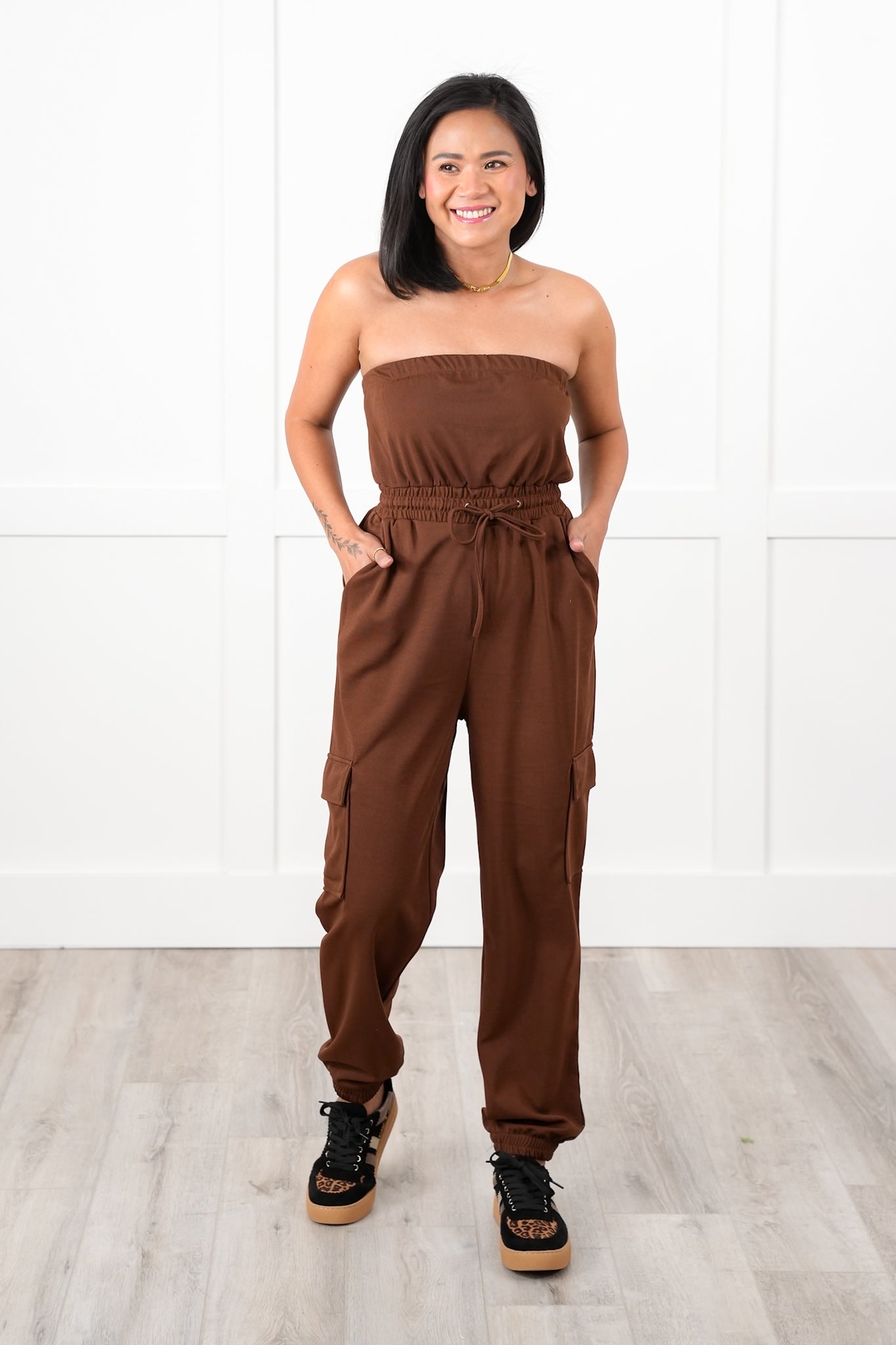 Solid Strapless Cargo Jogger Jumpsuit