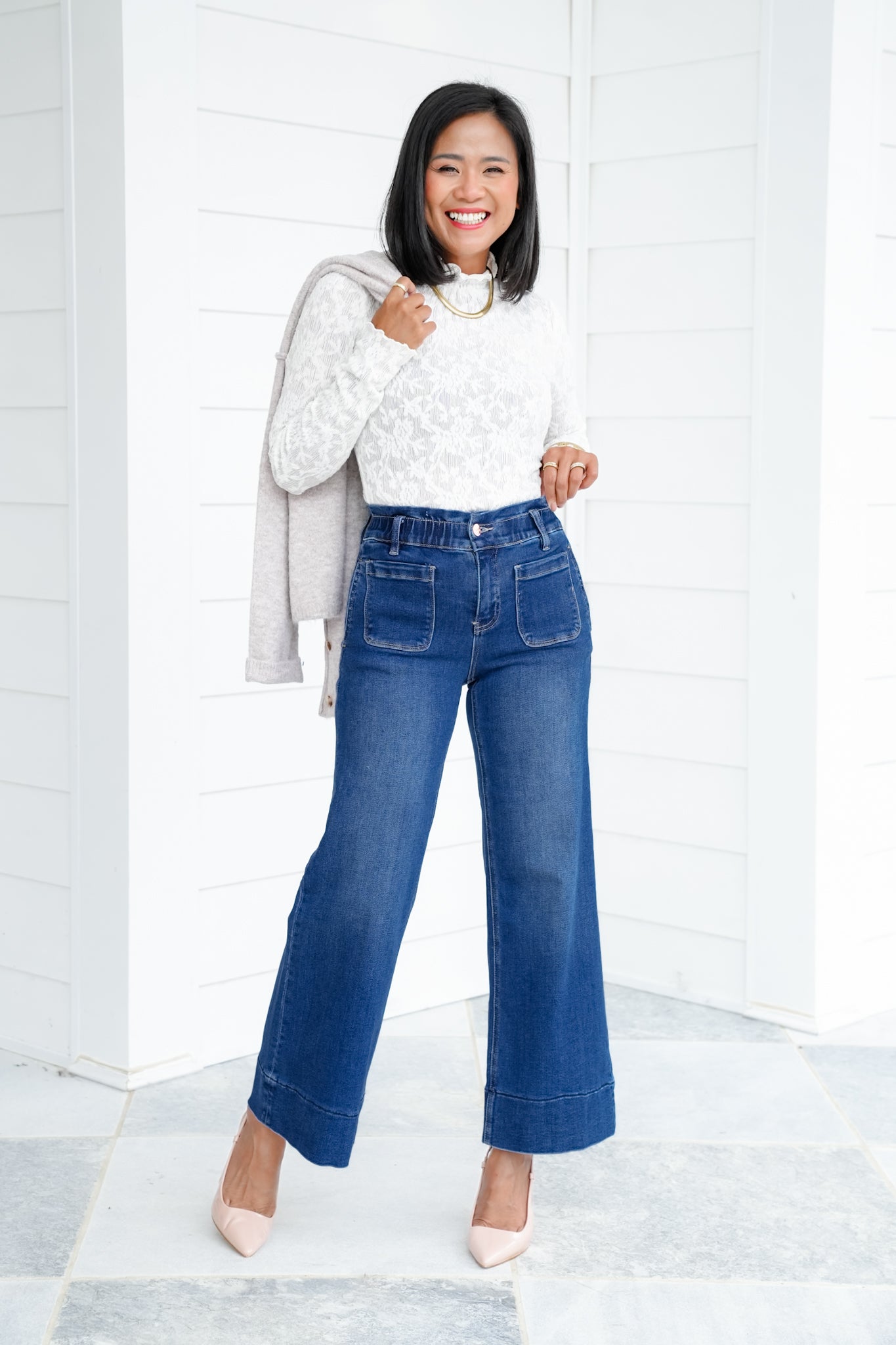 Risen High Rise Dark Wash Elastic Waistband Crop Wide Leg Jeans with Ruffle Band