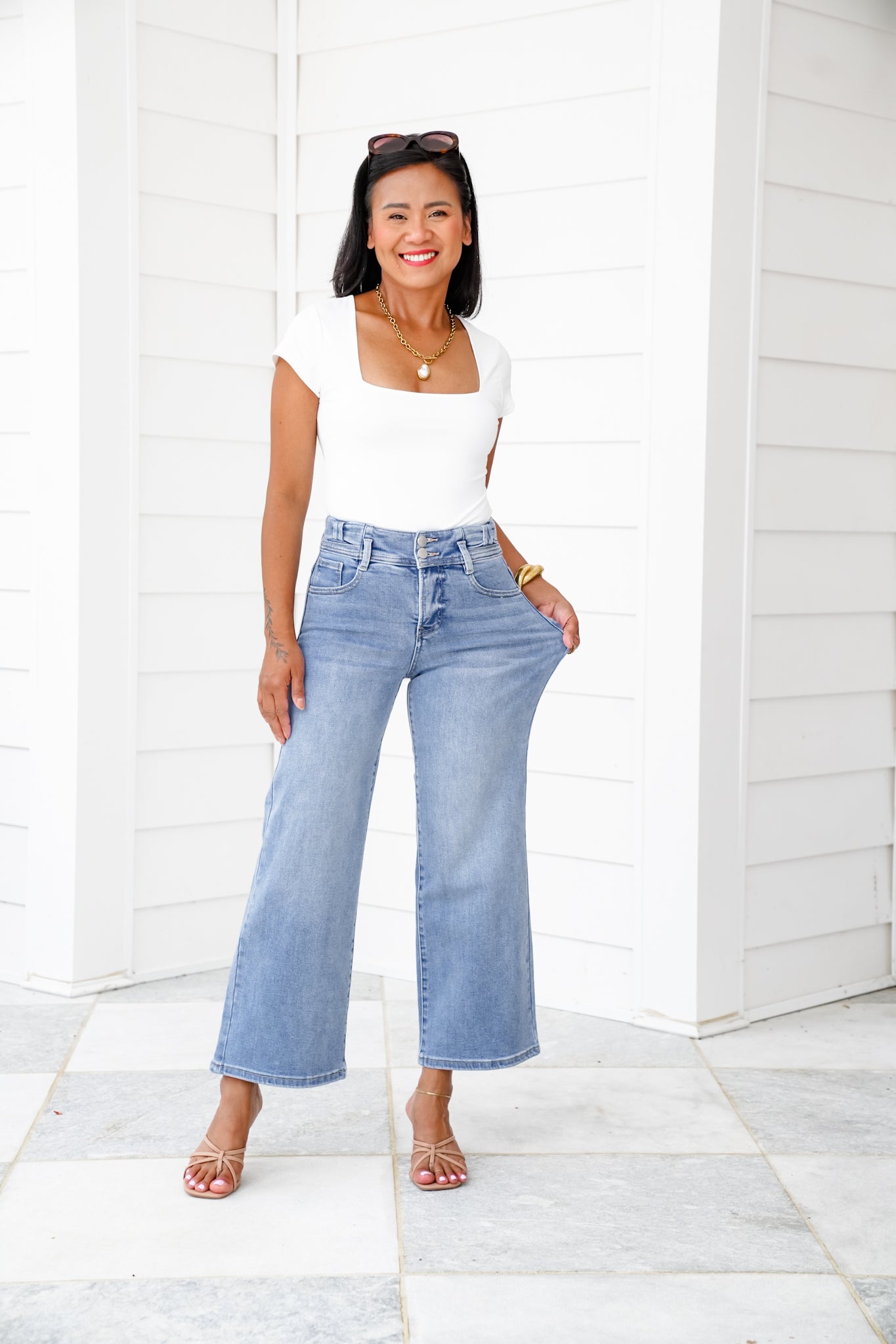 Risen High Rise Medium Wash Tummy Control Crop Wide Leg Jeans with Bow Detail