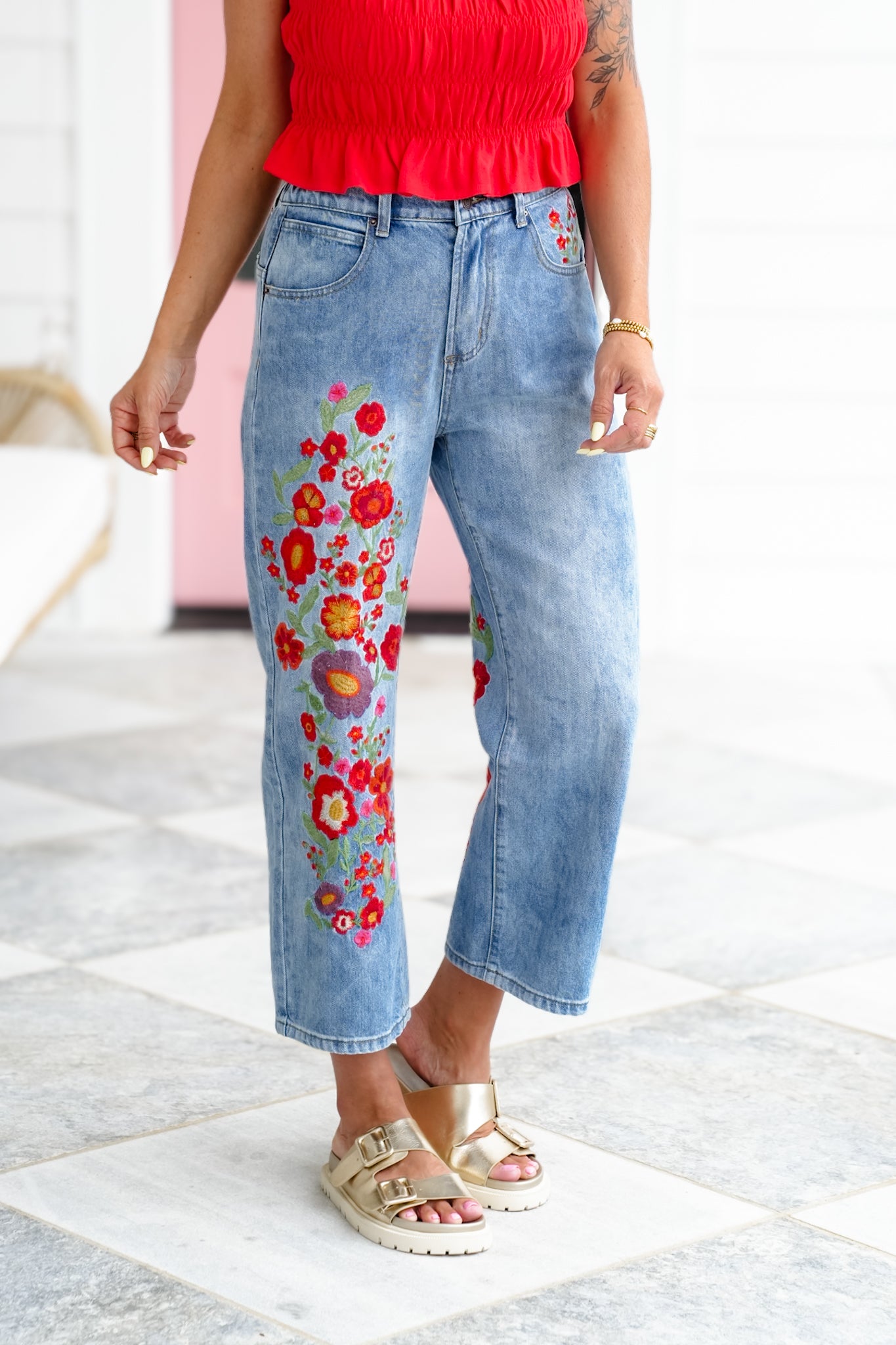 Restock! Wildflower Drive Mineral Wash Relaxed Fit Denim Jeans with Floral Embroidery Detail