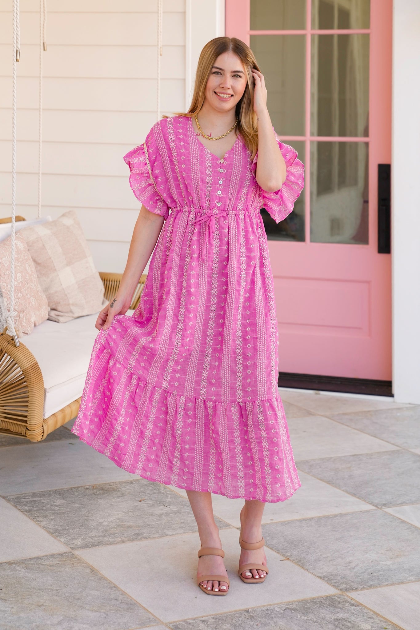 Embroidered Boho Short Ruffle Sleeve Midi Dress