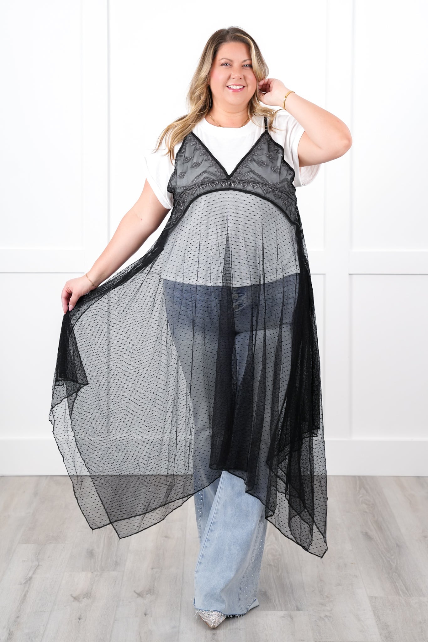 Short Sleeve Layered Sheer Embroidered Maxi Top