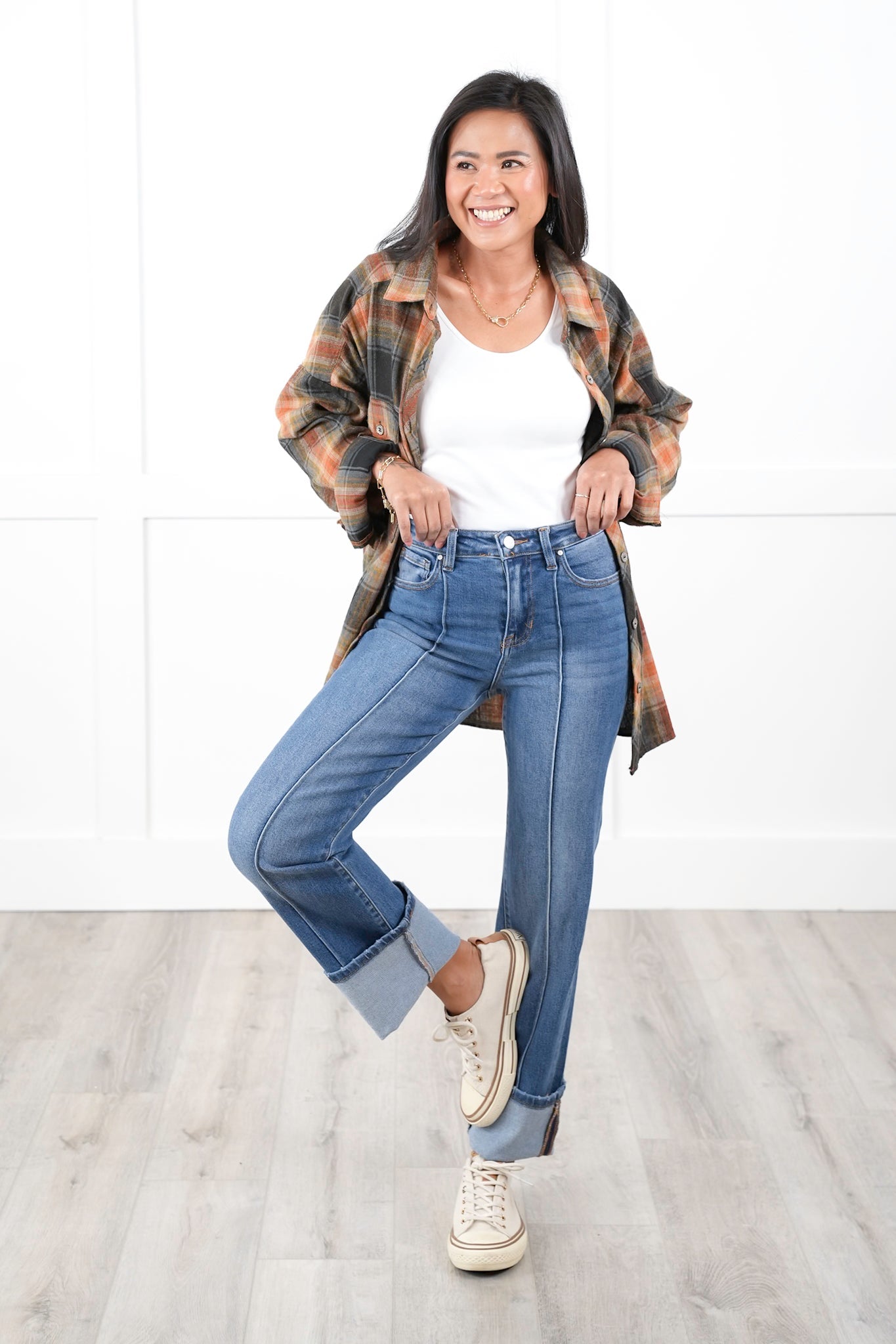 Risen High Rise Medium Wash Wide Leg Straight Cuffed Ankle Jeans