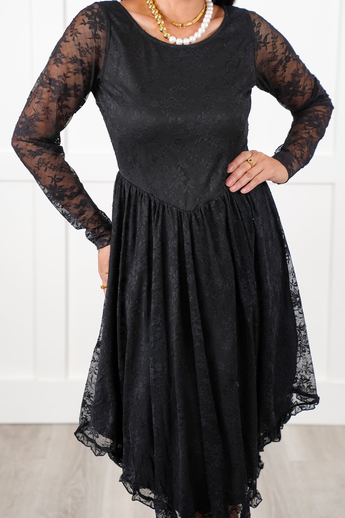 Black Lace Long Sleeve Layered Midi Dress