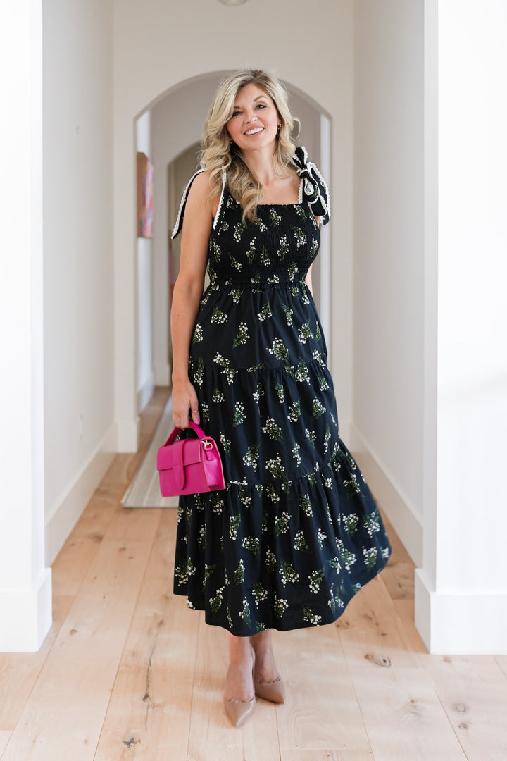 Floral Sleeveless Tie At The Shoulder Tiered Midi Dress