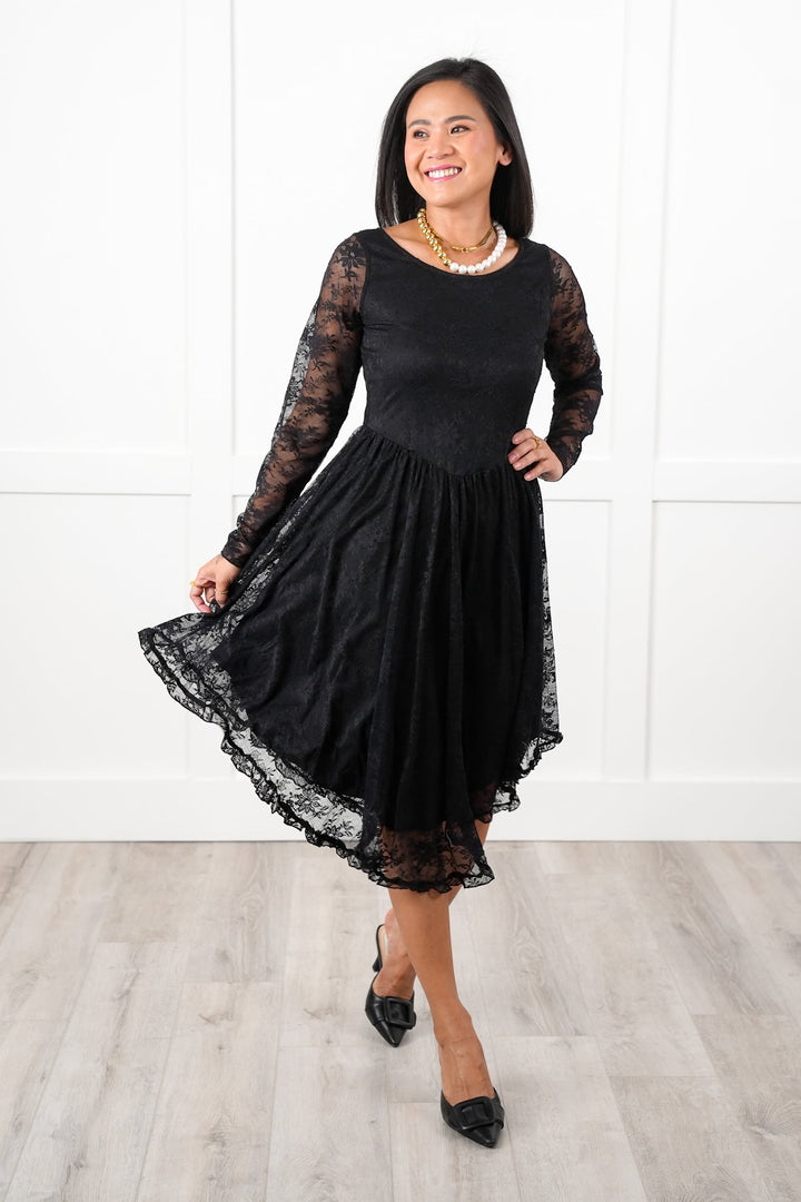 Black Lace Long Sleeve Layered Midi Dress