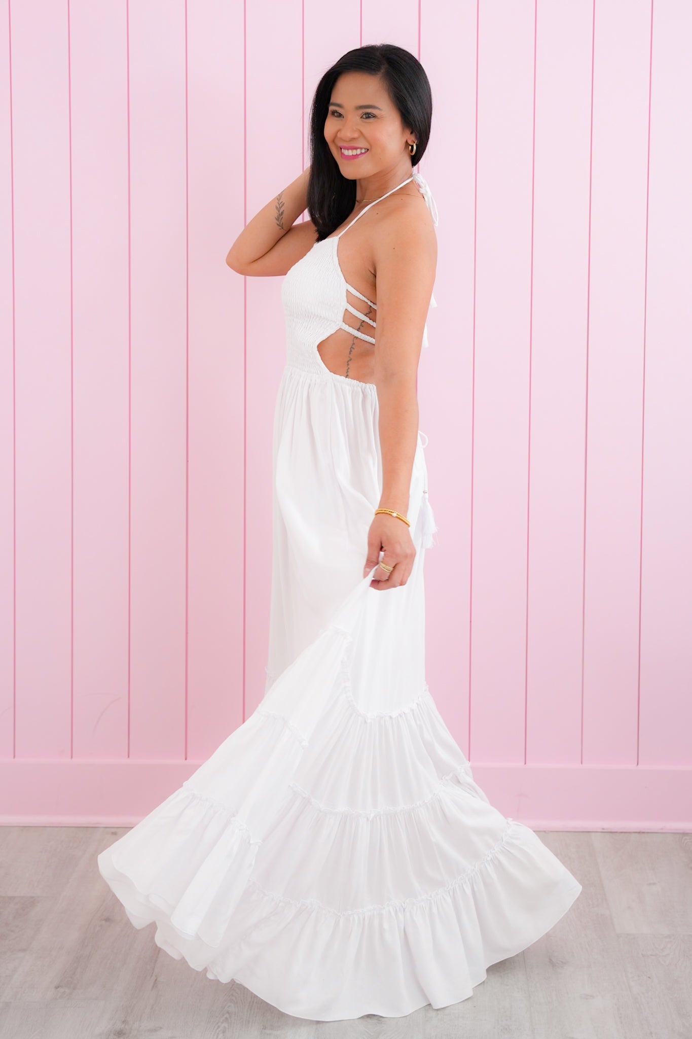 Tiare Hawaii White Smocked Tiered Maxi Dress With Back Strap Detail