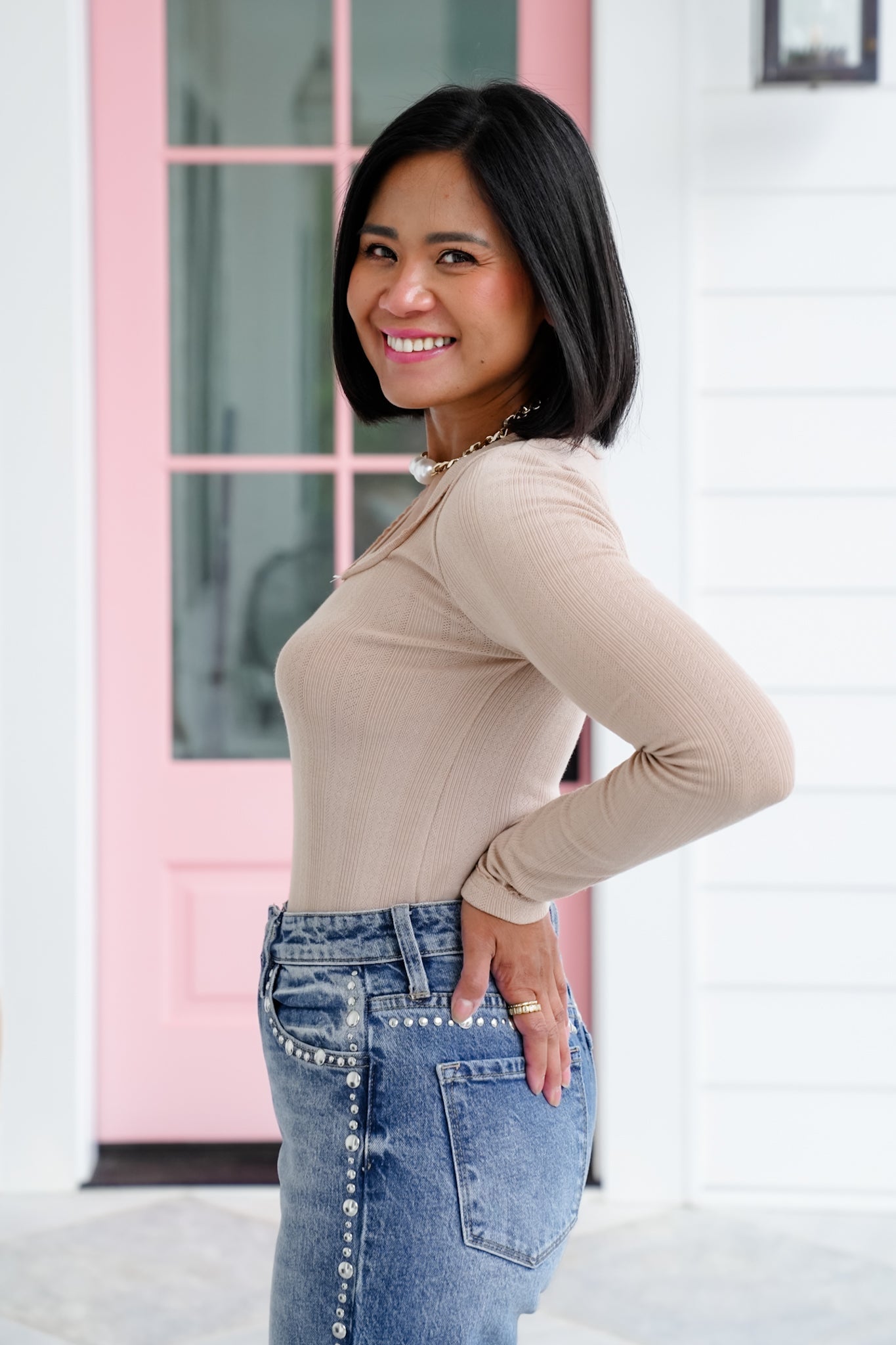 Knit Long Sleeve Square Neck Top with Bow Detail
