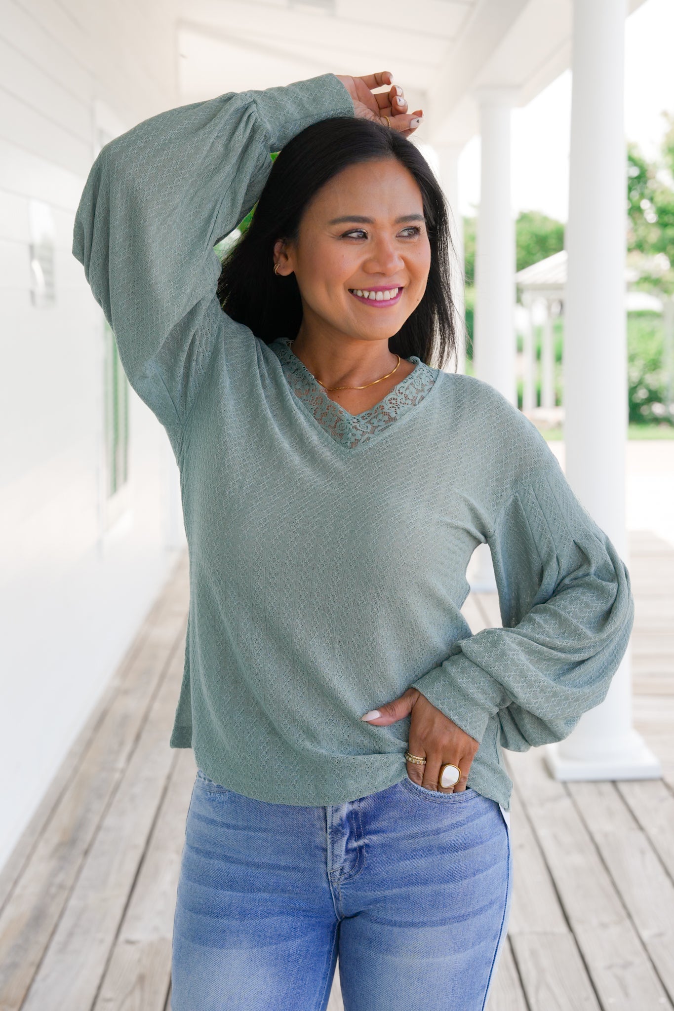 Knit Long Sleeve V Neck Top with Lace Detail (Multiple Colors)