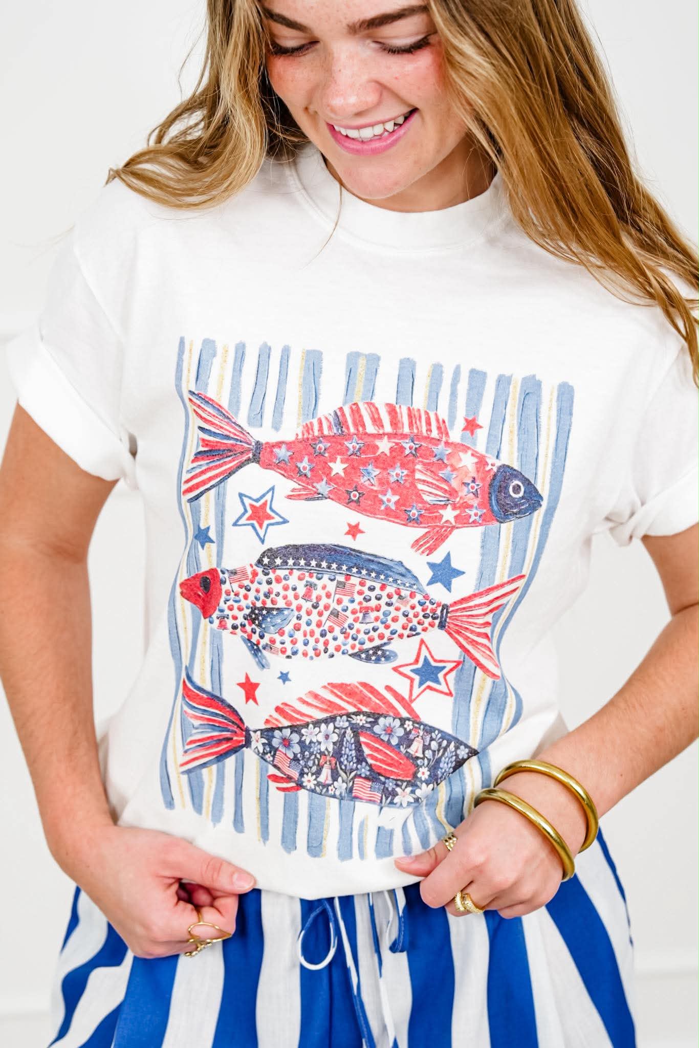 Plus/Reg Short Sleeve Patriotic Fish Graphic Tee - Freckled Poppy