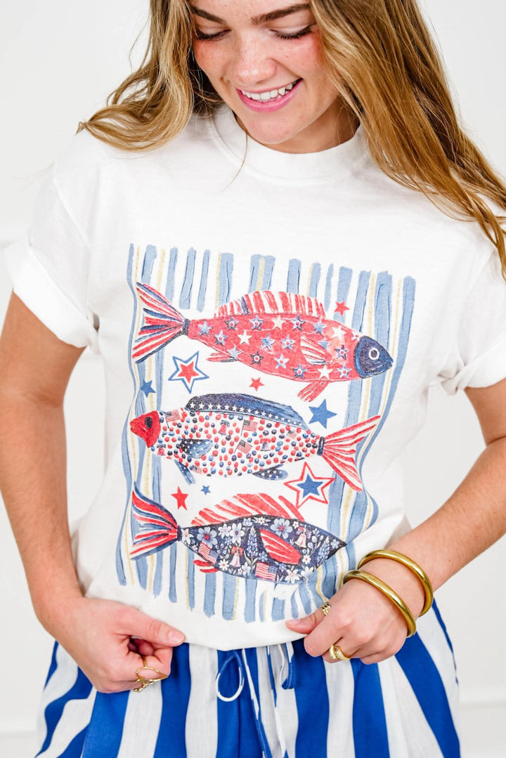 Plus/Reg Short Sleeve Patriotic Fish Graphic Tee - Freckled Poppy