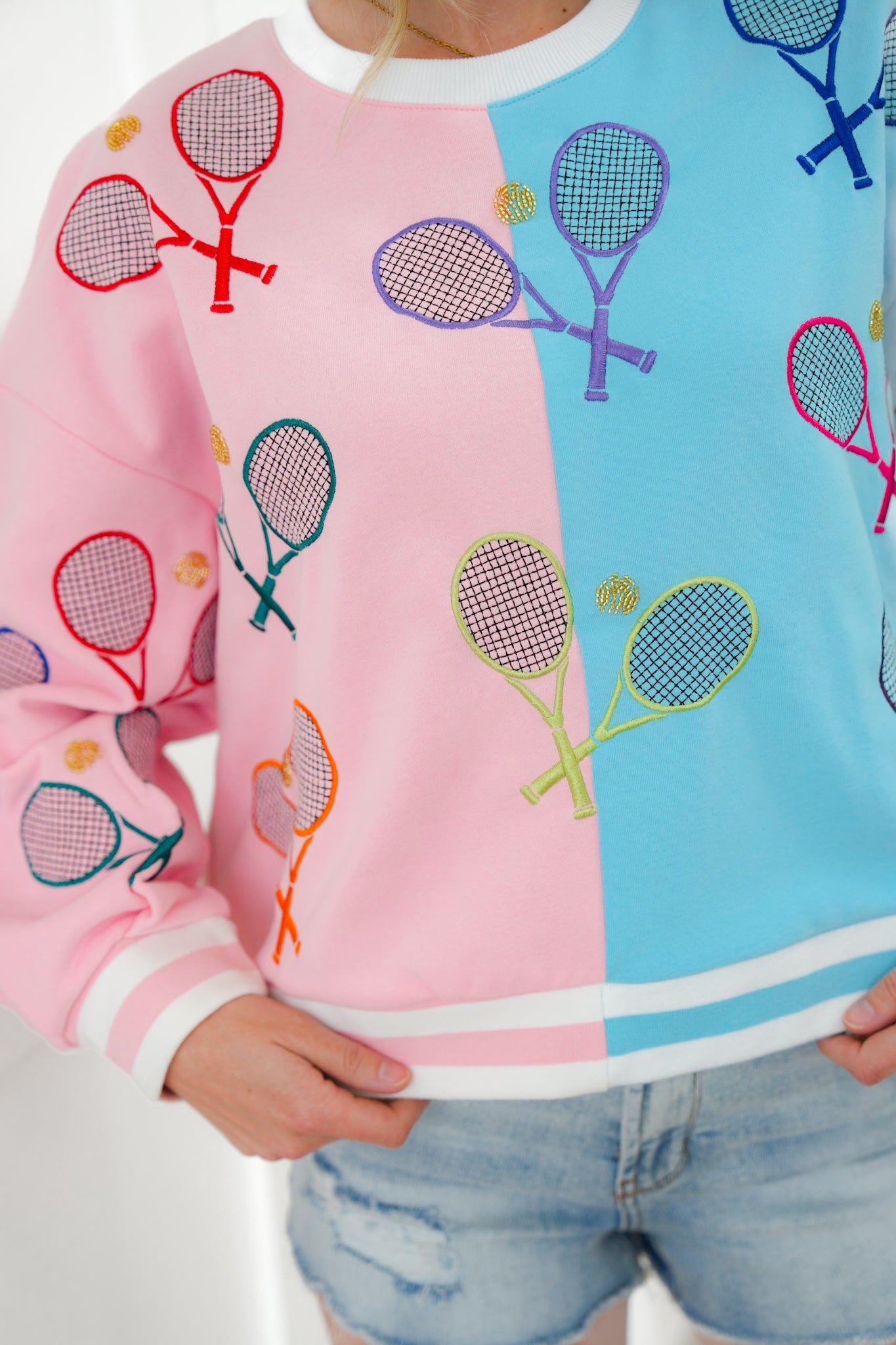 Plus/Reg Queen Of Sparkles Long Sleeve Color Block Sweatshirt with Sequin Tennis Detail