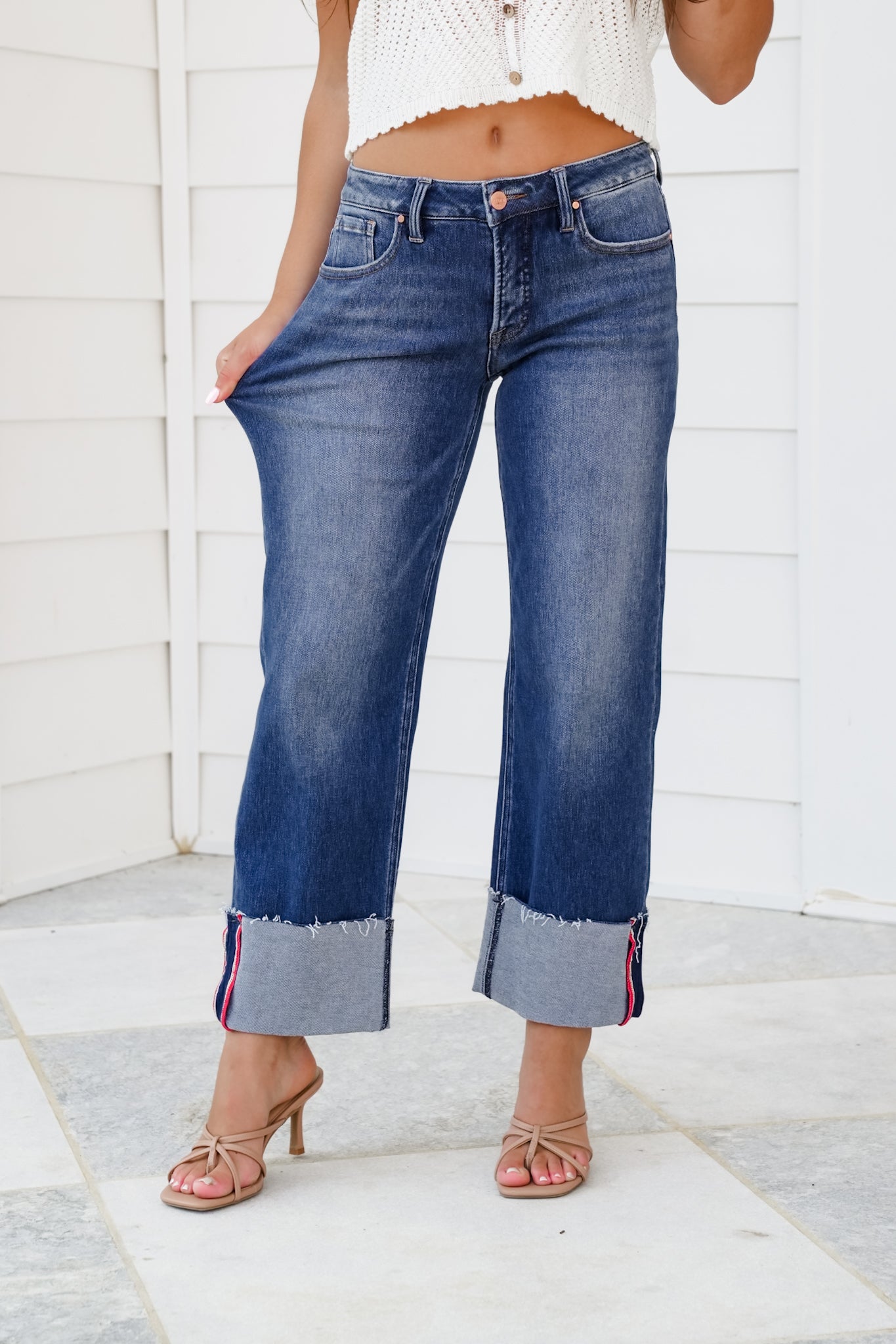 Risen Mid Rise Dark Wash Tummy Control Cropped Wide Leg Cuffed Jeans