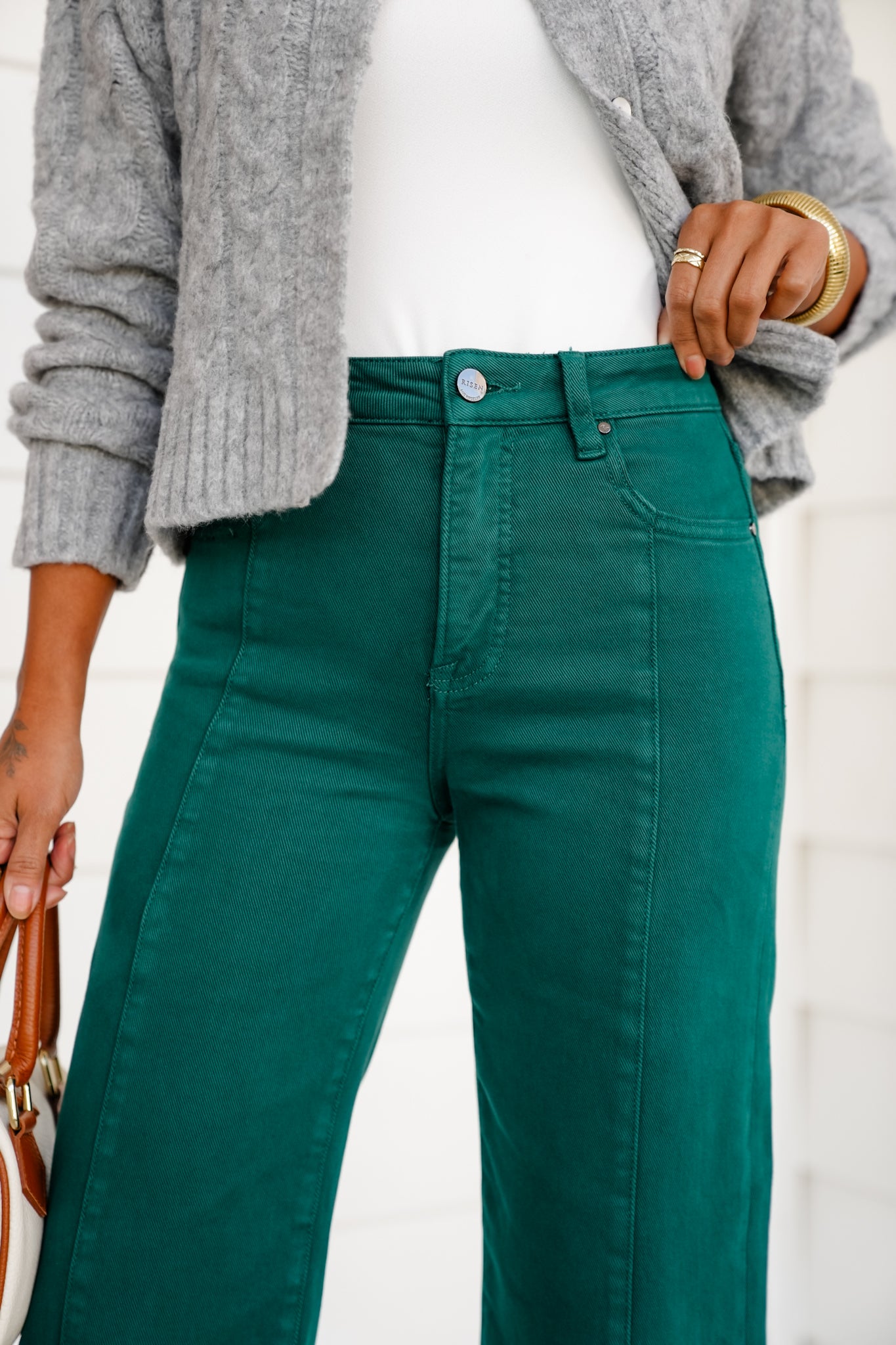 Risen High Rise Green Cropped Wide Leg Jeans