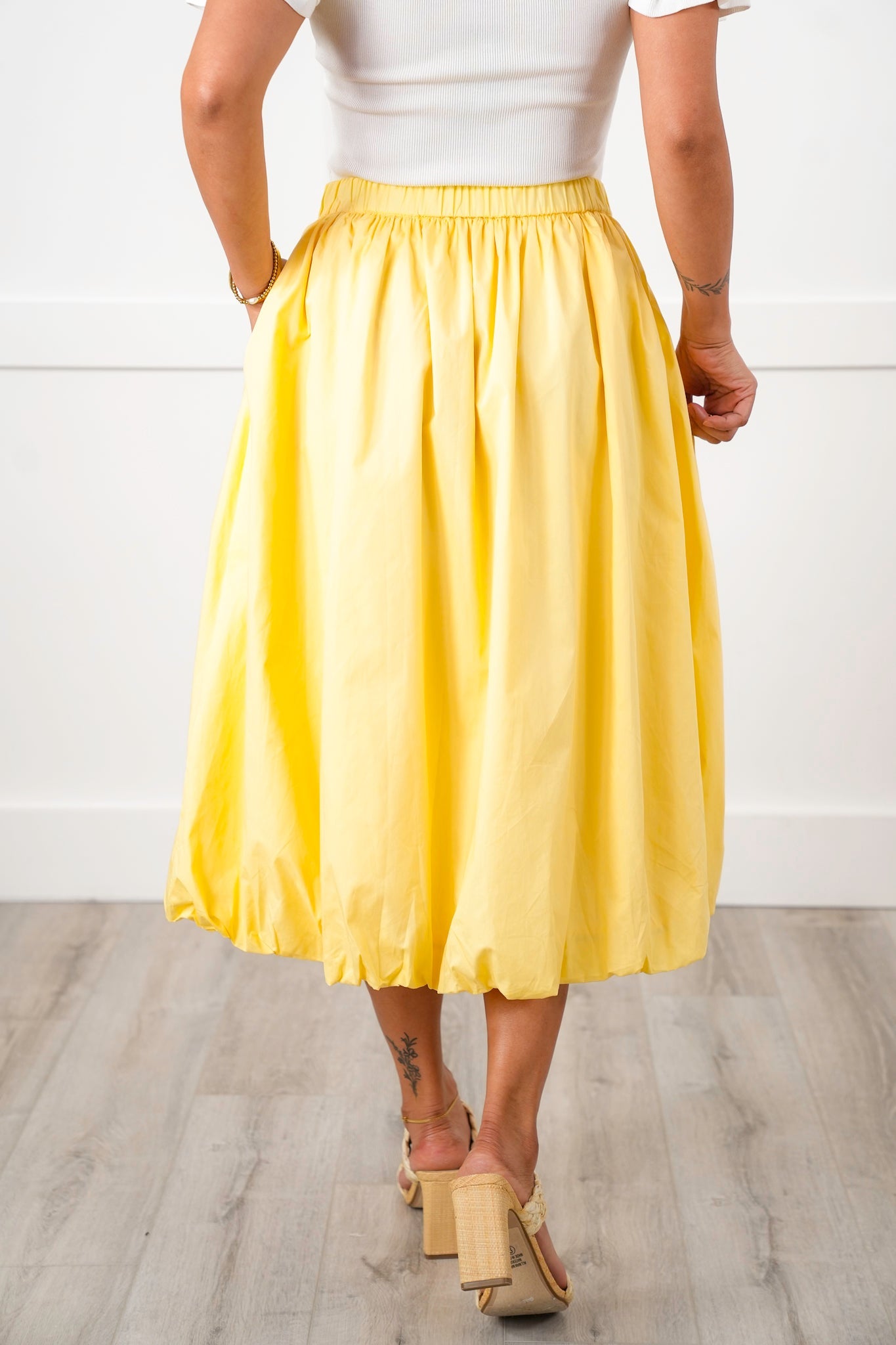 Yellow Elastic Waist Midi Bubble Skirt with Side Pockets