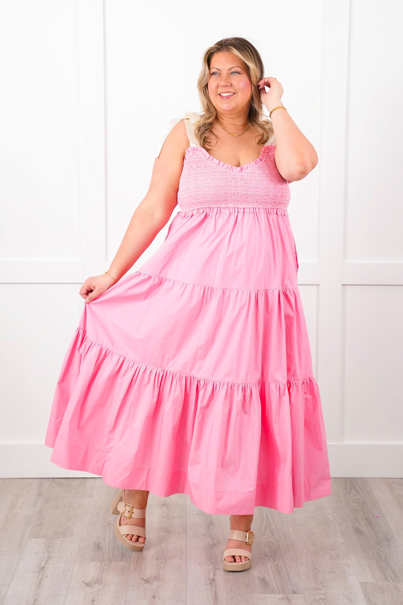 Plus/Reg Smocked Sweetheart Neckline Tiered Maxi Dress
