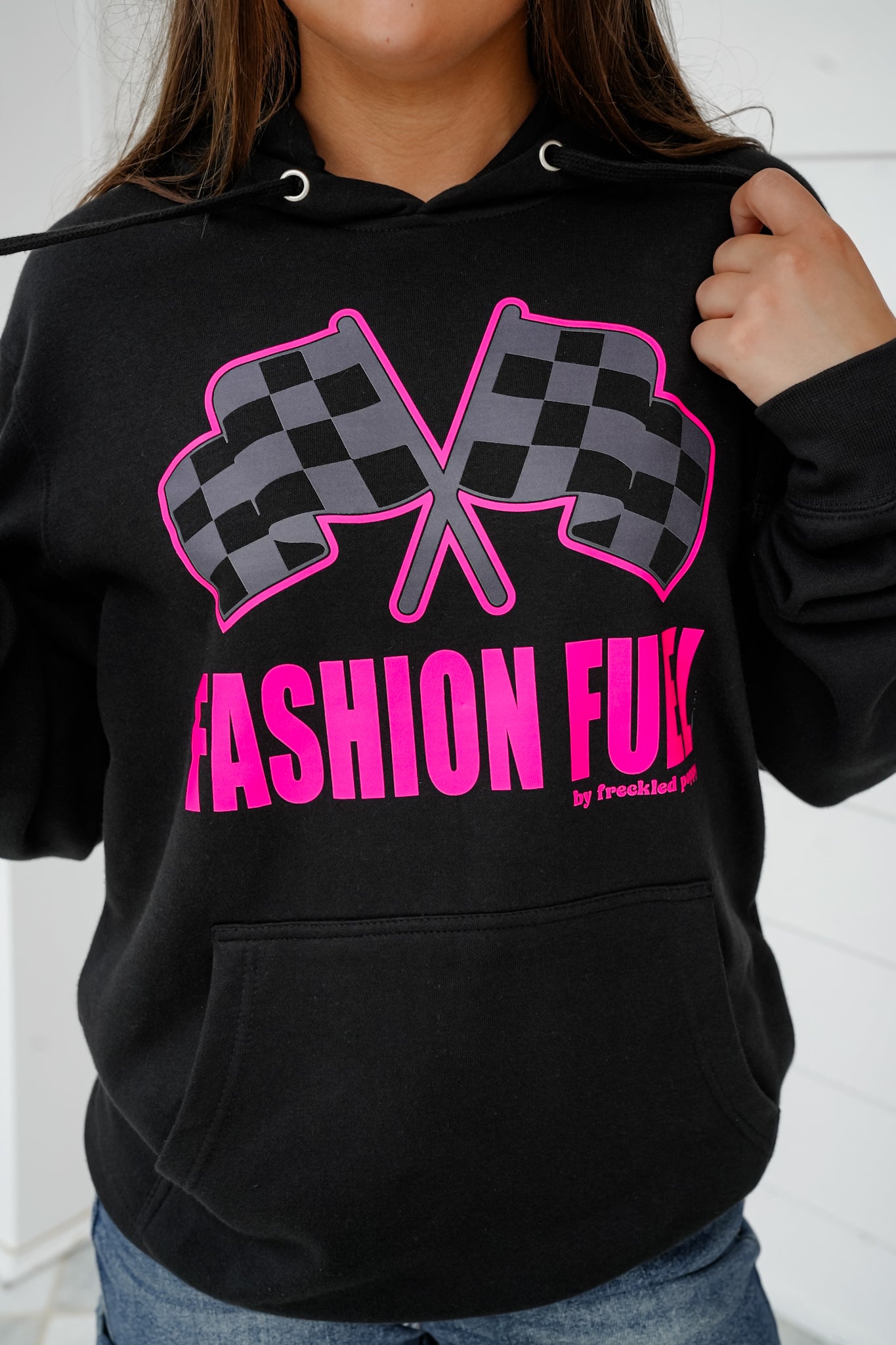 Plus/Reg Black Long Sleeve "Fashion Fuel By Freckled Poppy" Graphic Hoodie With Racing Flag
