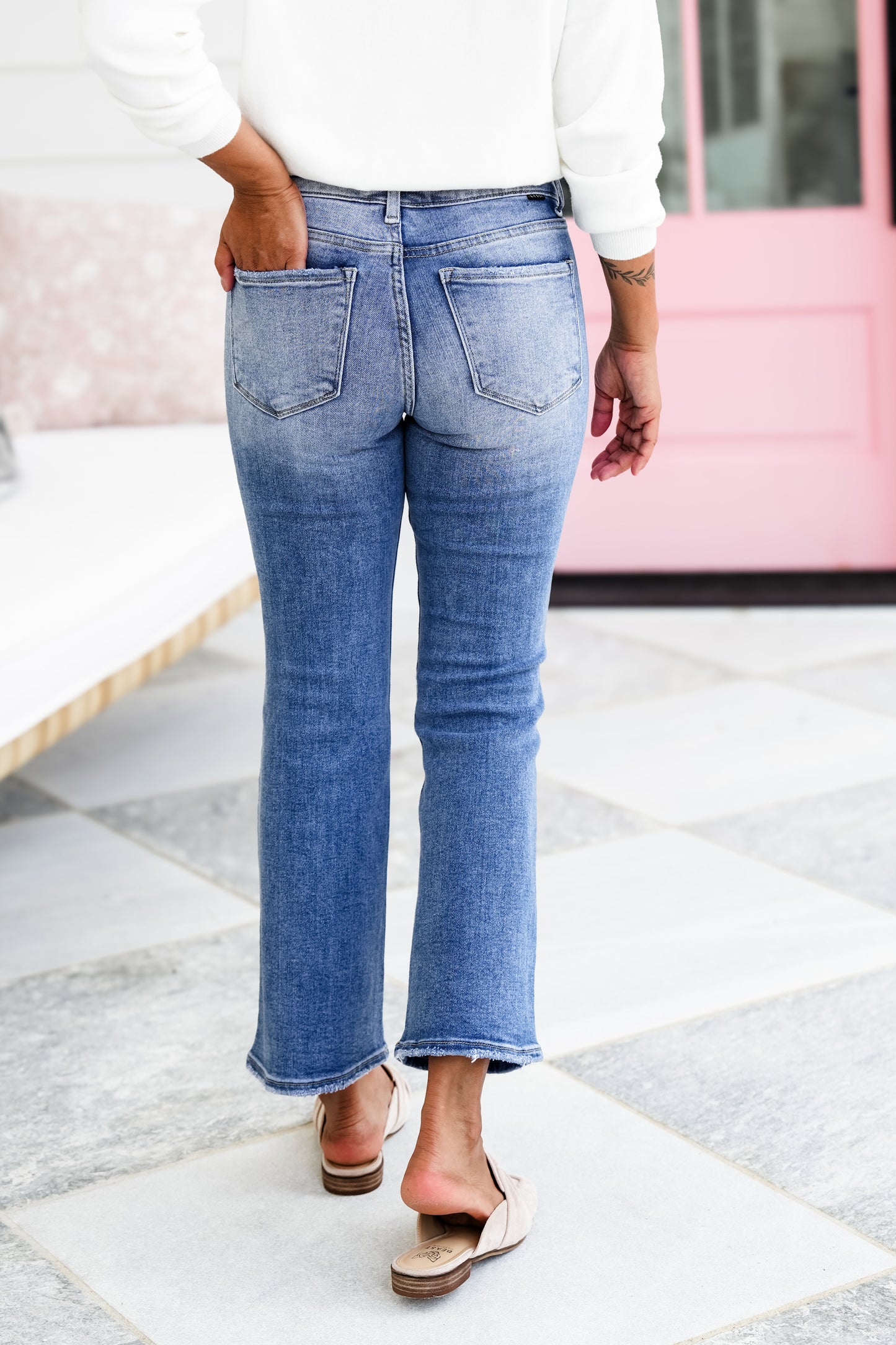 Risen Girl Next Door Mid Rise Medium Wash Cropped Flare Jeans