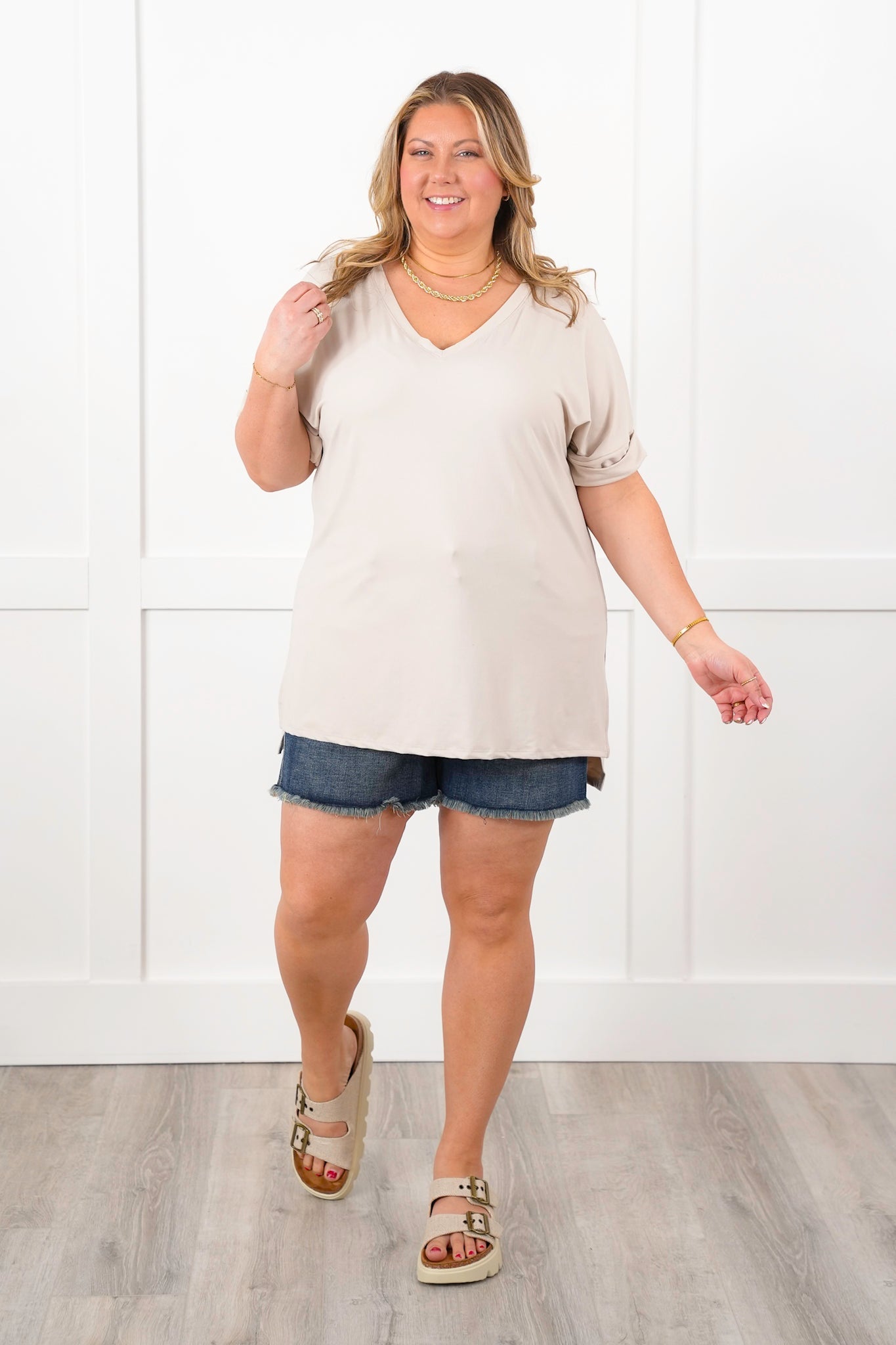 Door Buster! Zenana Rolled Short Sleeve V-Neck Top with Side Slit High-Low Hem