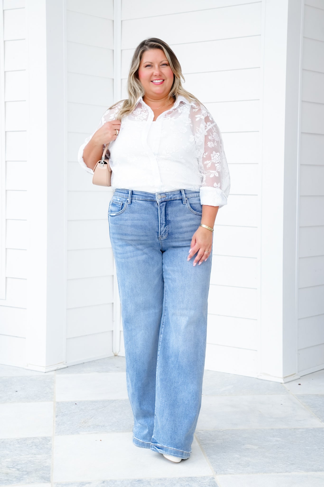 Risen Mid Rise Light Wash Tummy Control Elastic Waistband Wide Leg Jeans