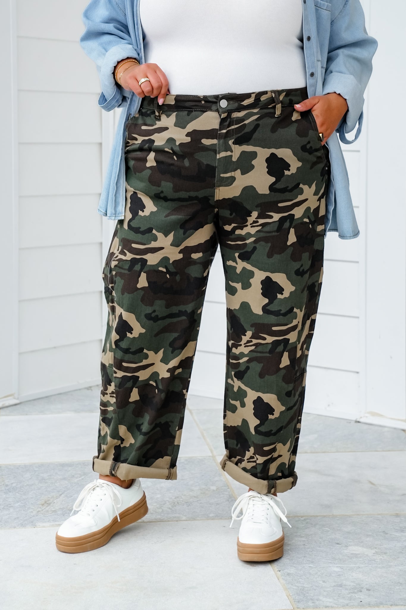 Risen High Rise Camo Ankle Barrel Pants with Double Cuff