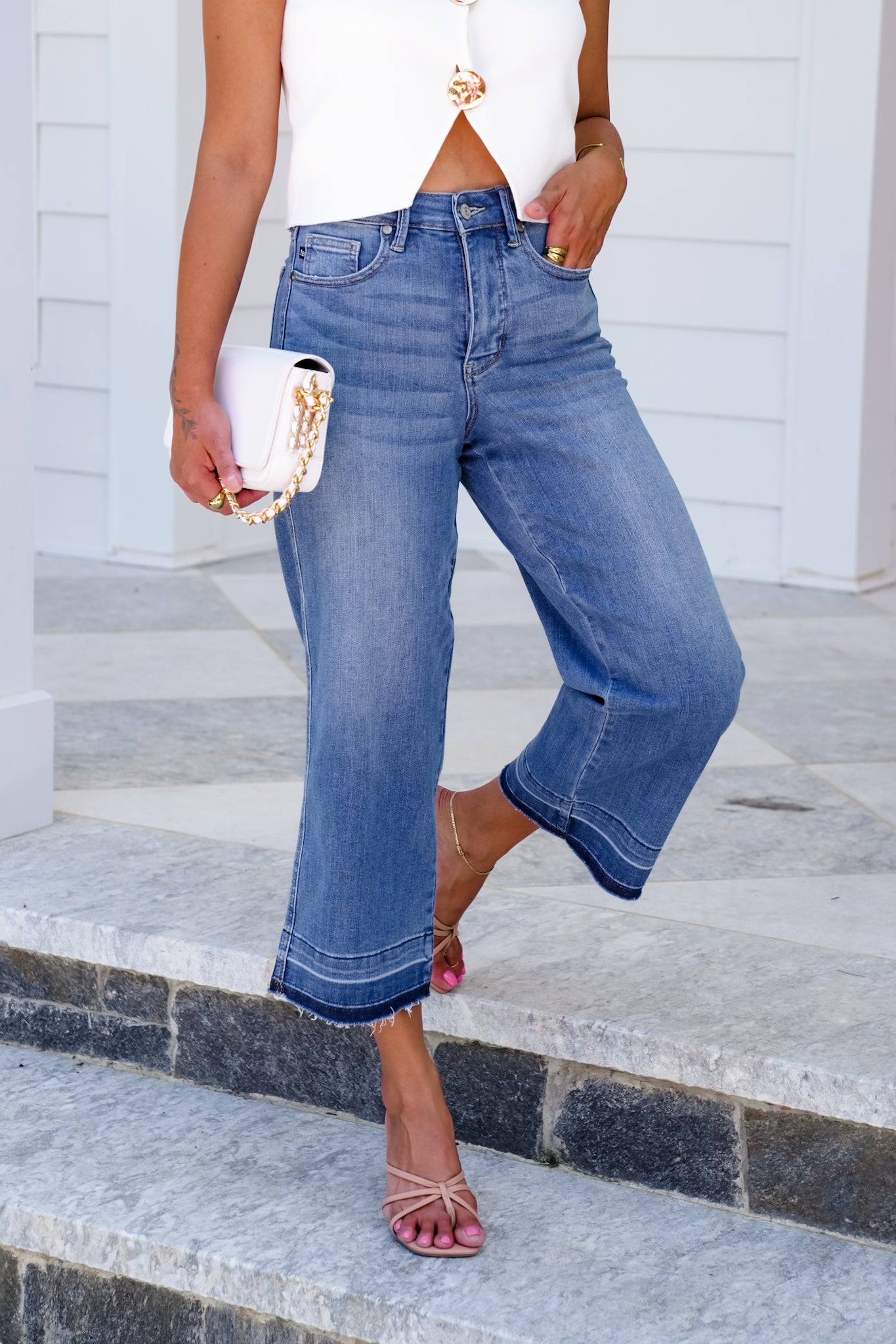 Judy Blue High Rise Medium Wash Tummy Control Cropped Wide Leg Jeans