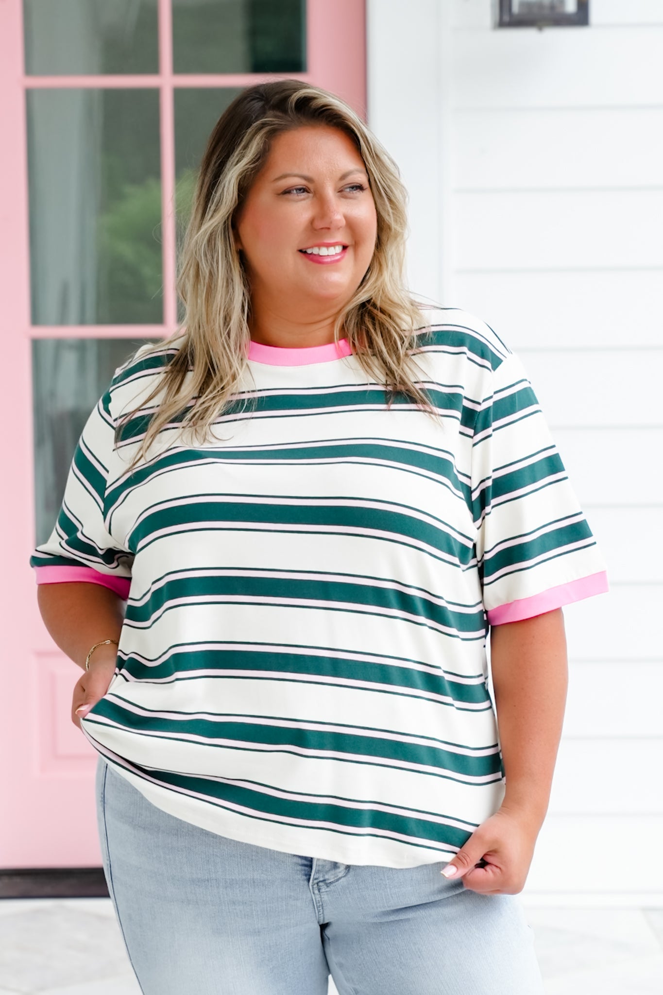 Plus/Reg Stripe Short Sleeve Top with Contrast Detail