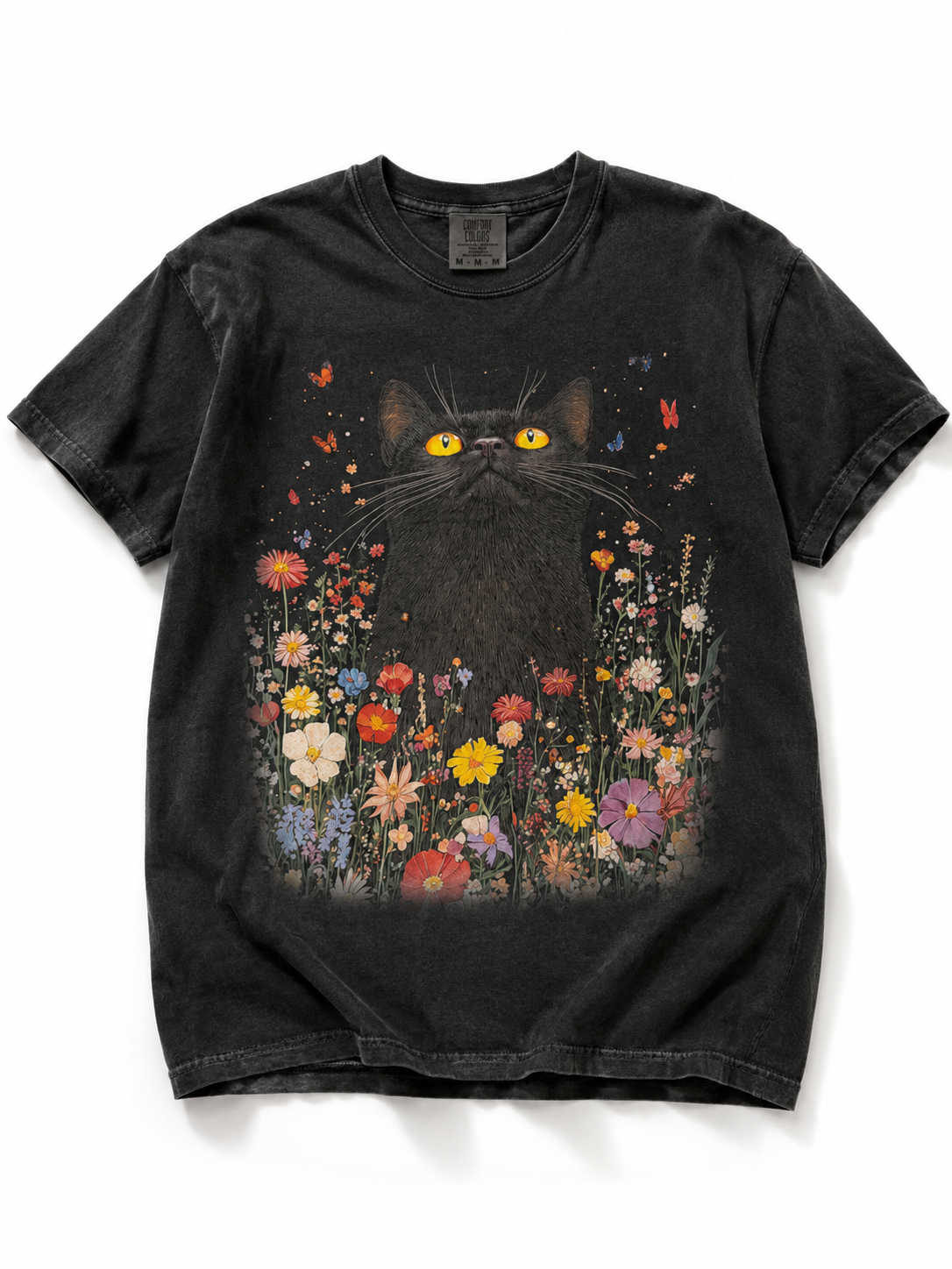Plus/Reg Short Sleeve Floral Black Cat Halloween Graphic Tee