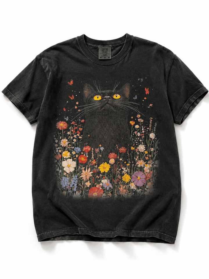 Plus/Reg Short Sleeve Floral Black Cat Halloween Graphic Tee - Freckled Poppy