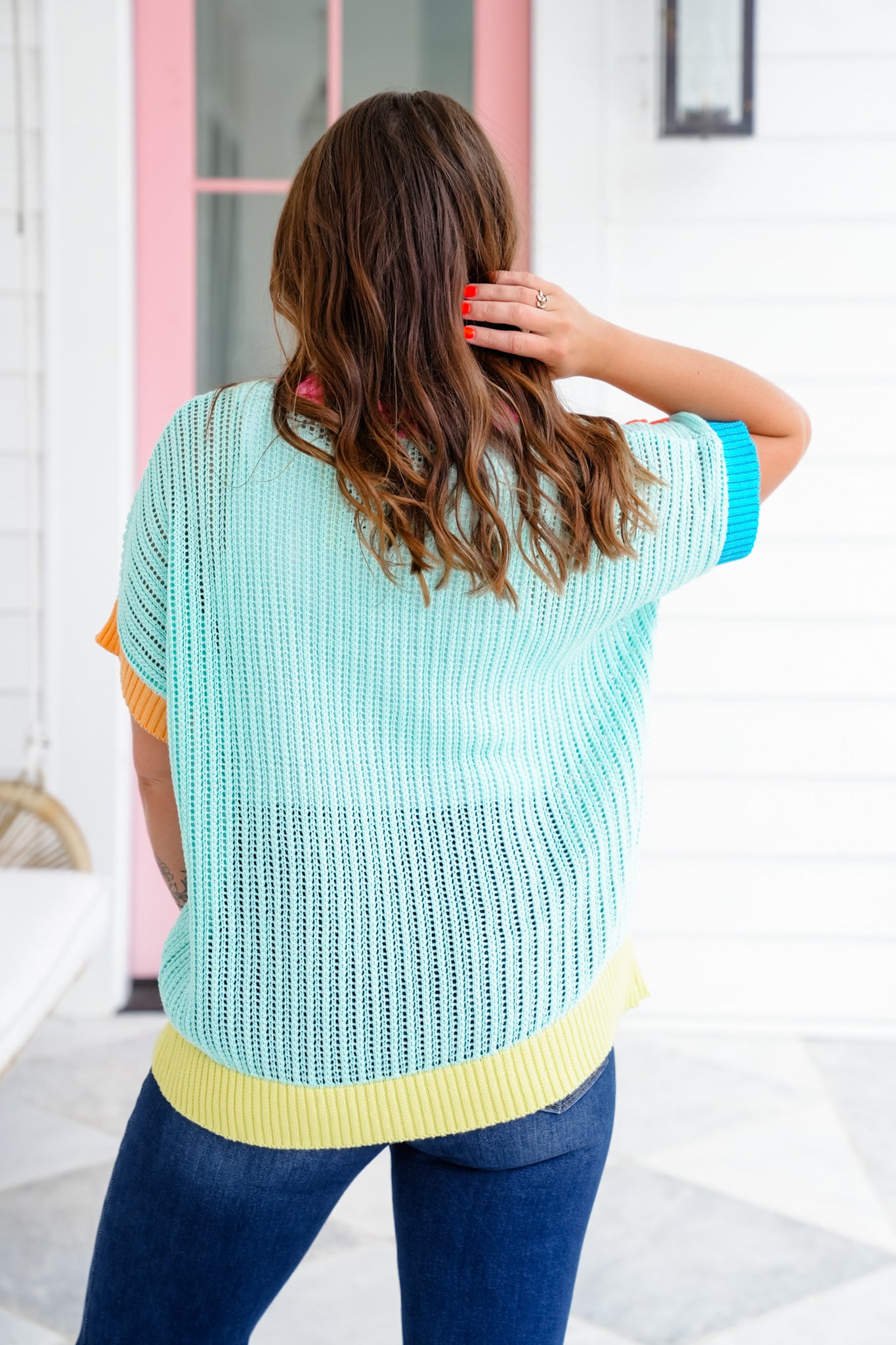 Loose Knit Short Sleeve Sweater with Crocheted Flower Detail