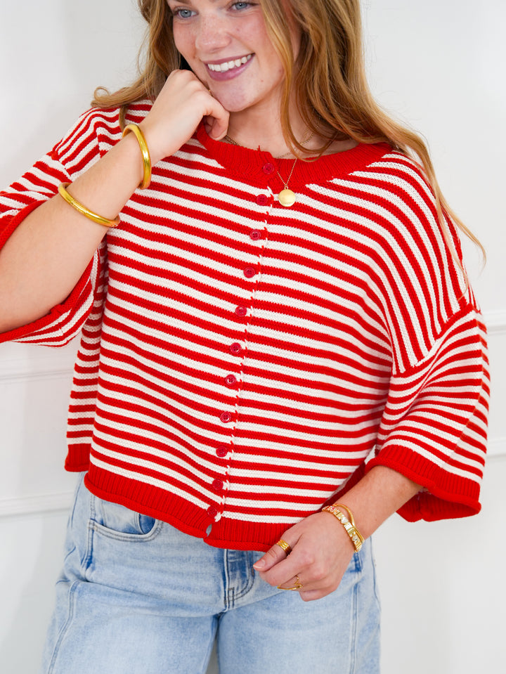 Red Stripe 3/4 Sleeve Button Down Cardigan