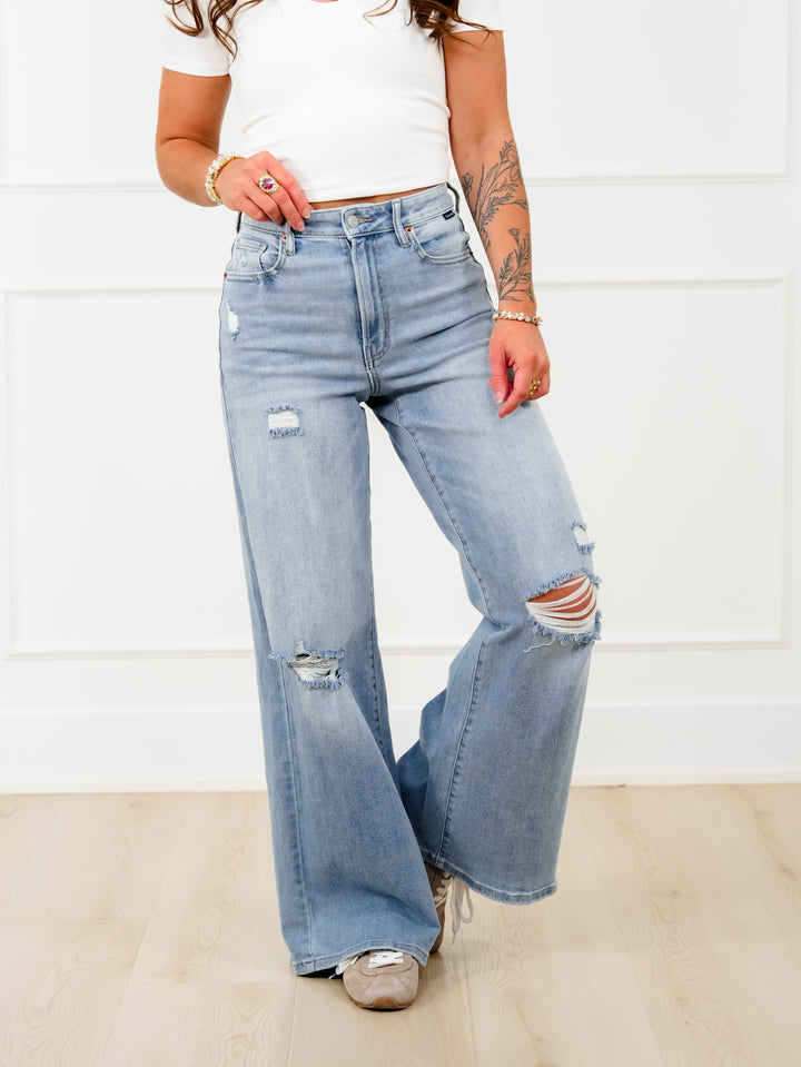 Cello High Rise Light Wash Distressed Wide Leg Jeans