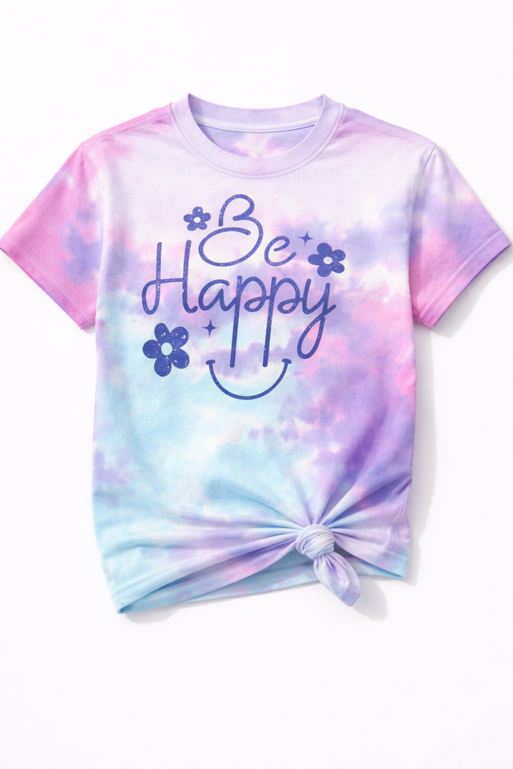 Plus/Reg Short Sleeve Tie Dye "Be Happy" Graphic Tee