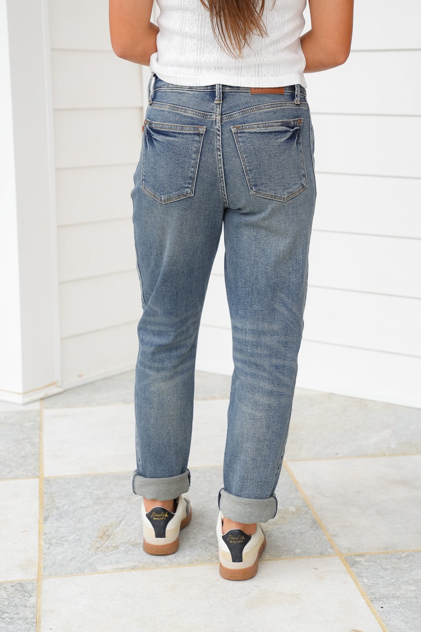 Judy Blue Mid Rise Medium Vintage Wash Boyfriend Jeans with Side Panel And Rolled Cuff