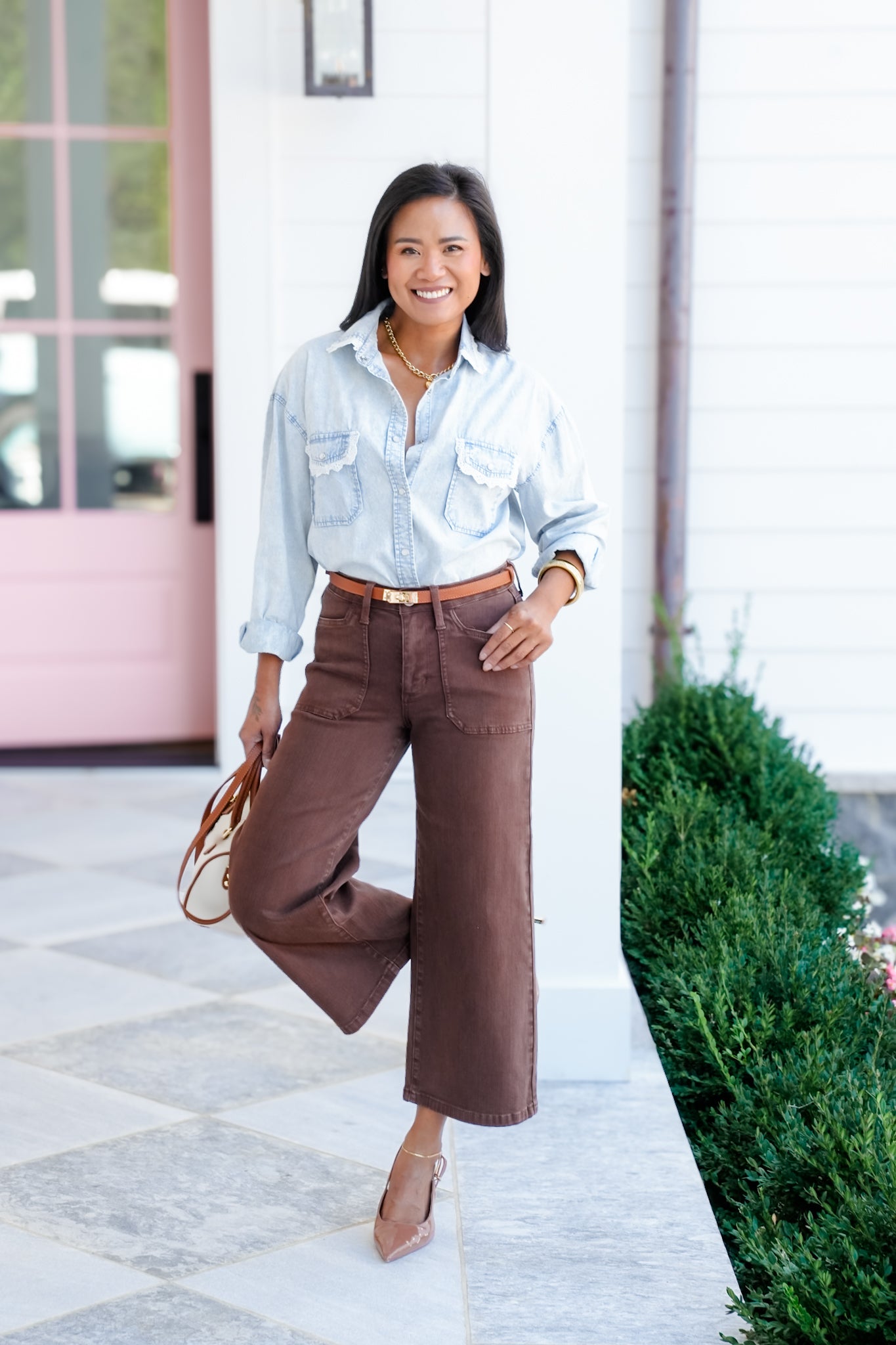 Judy Blue Mid Rise Brown Wide Leg Cropped Jeans with Utility Pockets