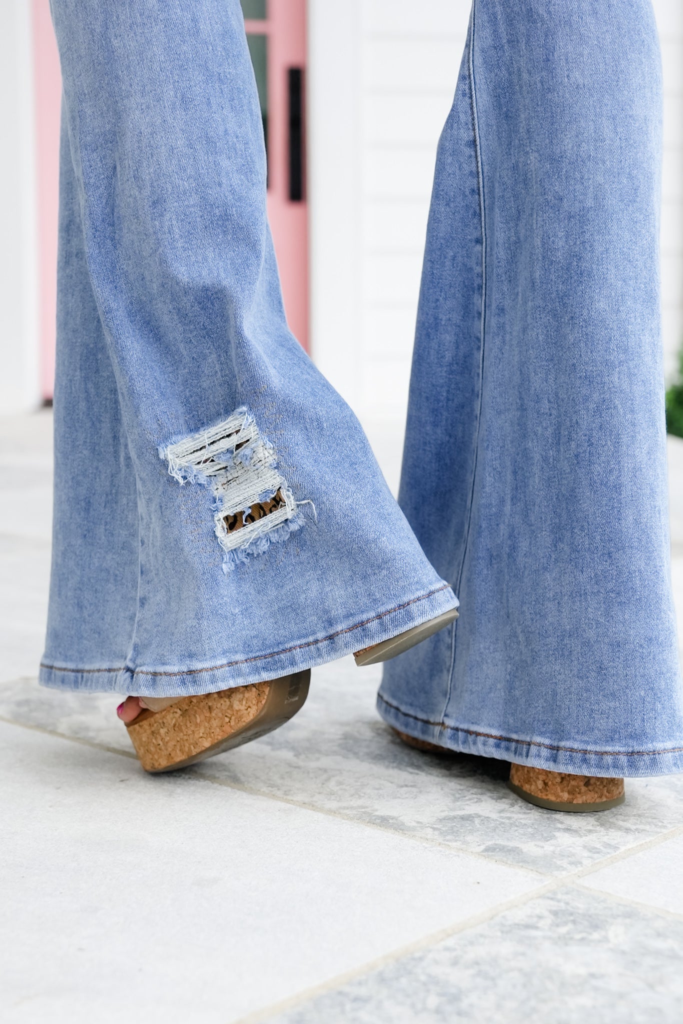 Distressed Denim Flare Jeans with Leopard Detail