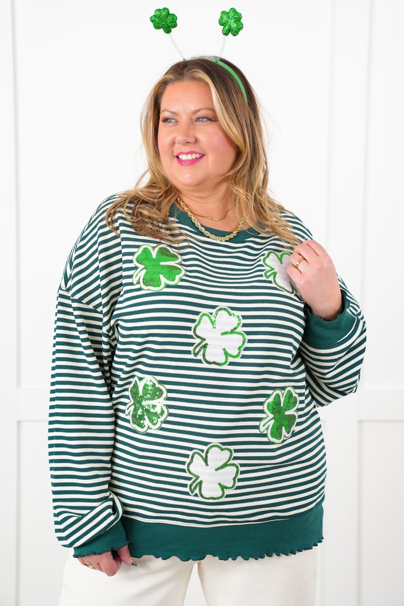 Sequin 4 Leaf Clover Stripe Long Sleeve Top