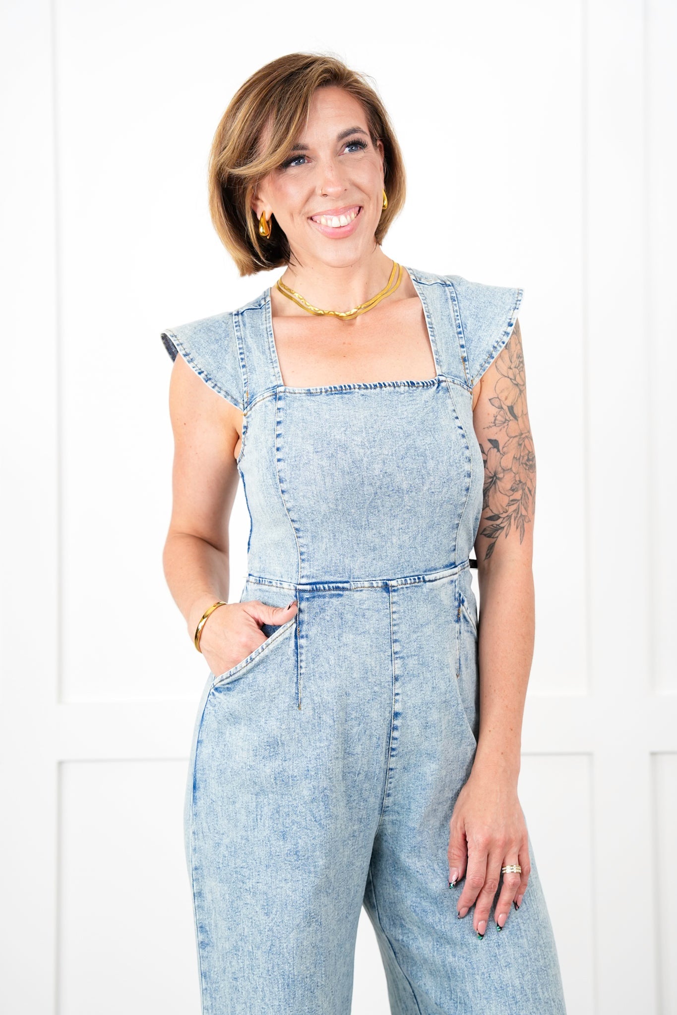 Plus/Reg Denim Sleeveless Jumpsuit with Smocked Back and Peek-a-Boo Detail