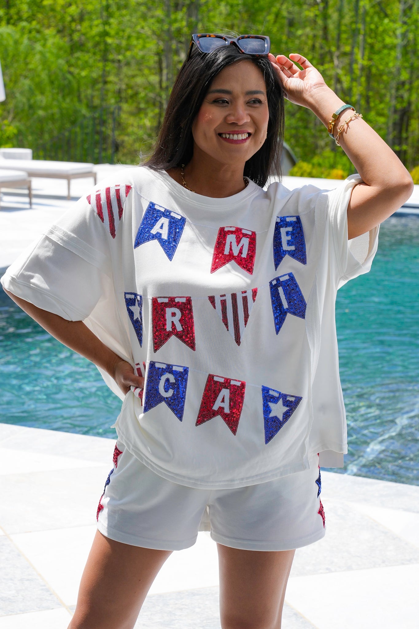 Short Sleeve Top With Sequin "America" Flags Detail