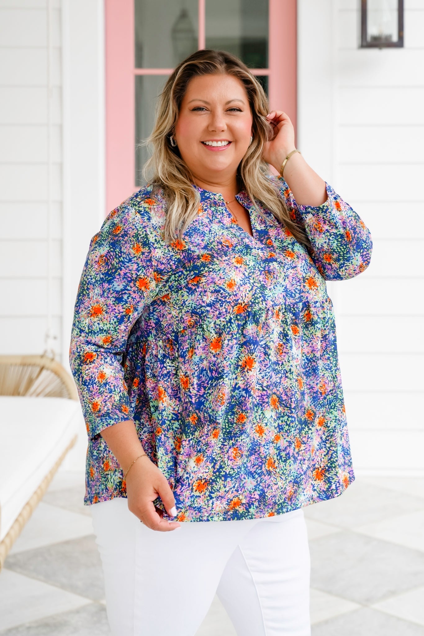 Plus/Reg Multi Color Print 3/4 Sleeve V Neck Blouse Top