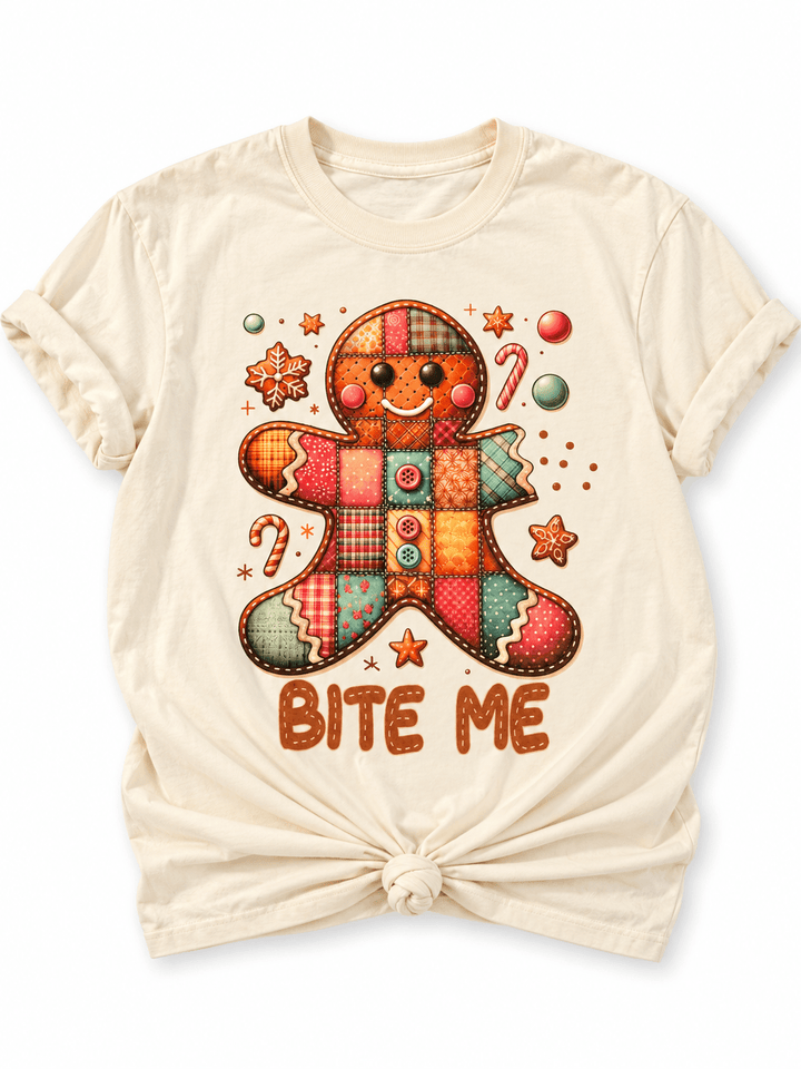 Plus/Reg Short Sleeve "Bite Me" Gingerbread Man Christmas Graphic Tee - Freckled Poppy