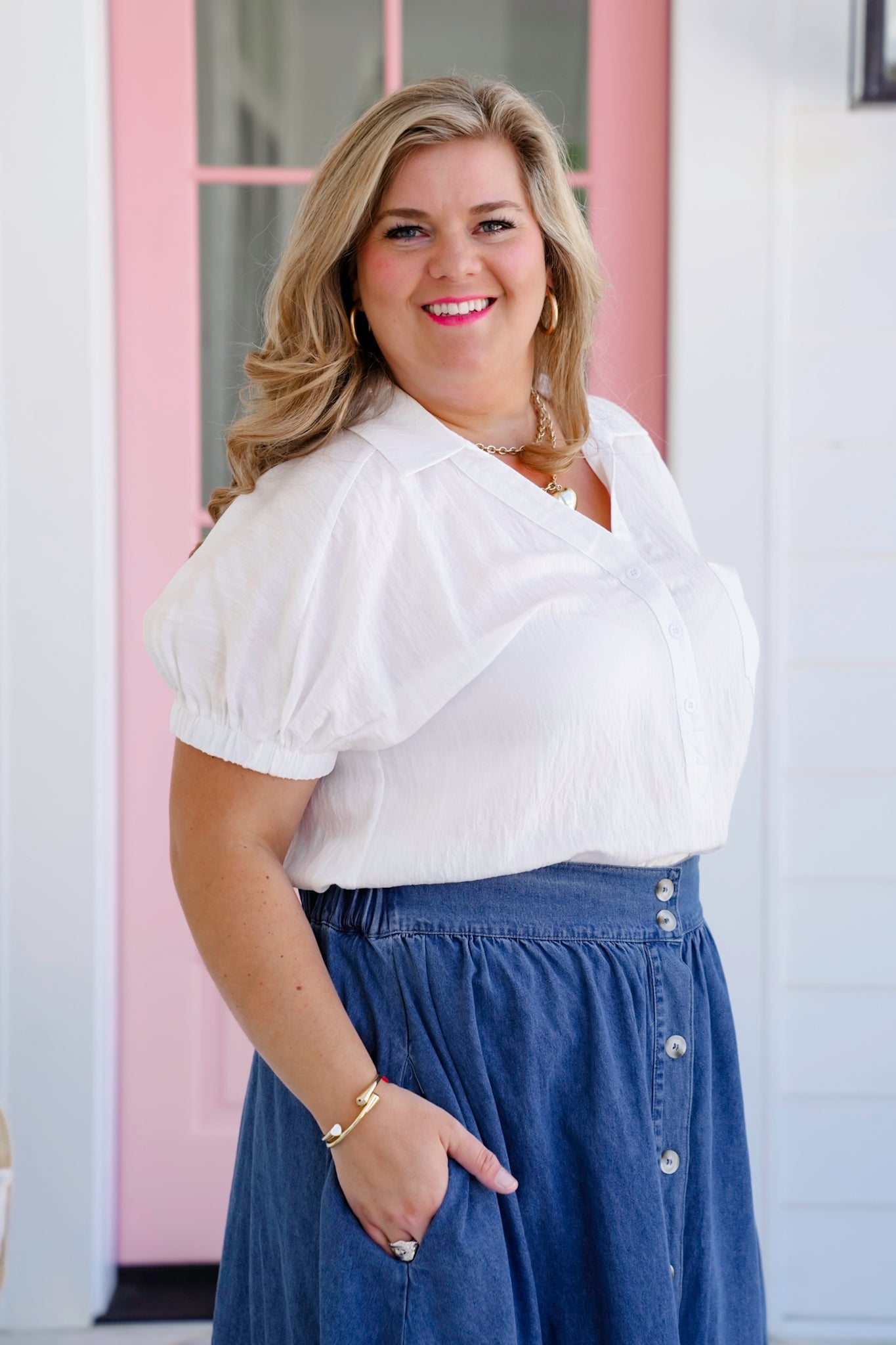 White Short Sleeve Button Up V Neck Top